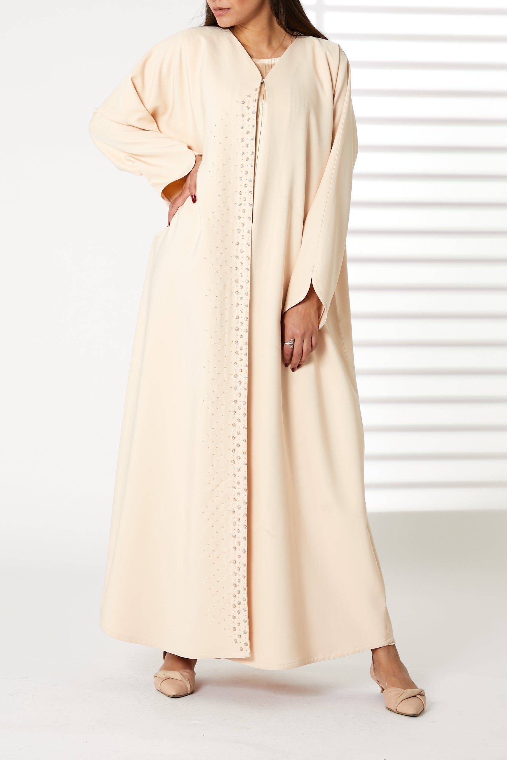 MOiSTREET Peach Front Embroidered Nida Open Abaya