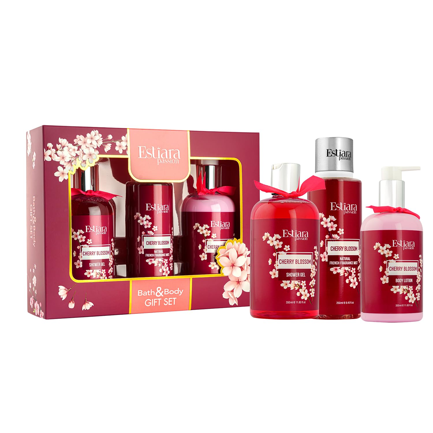 Estiara Passion Cherry Blossom Bath & Body Beauty Skincare Gift Set (Body Lotion 350ml + Shower Gel 350ml + Fragrance Mist 250ml)