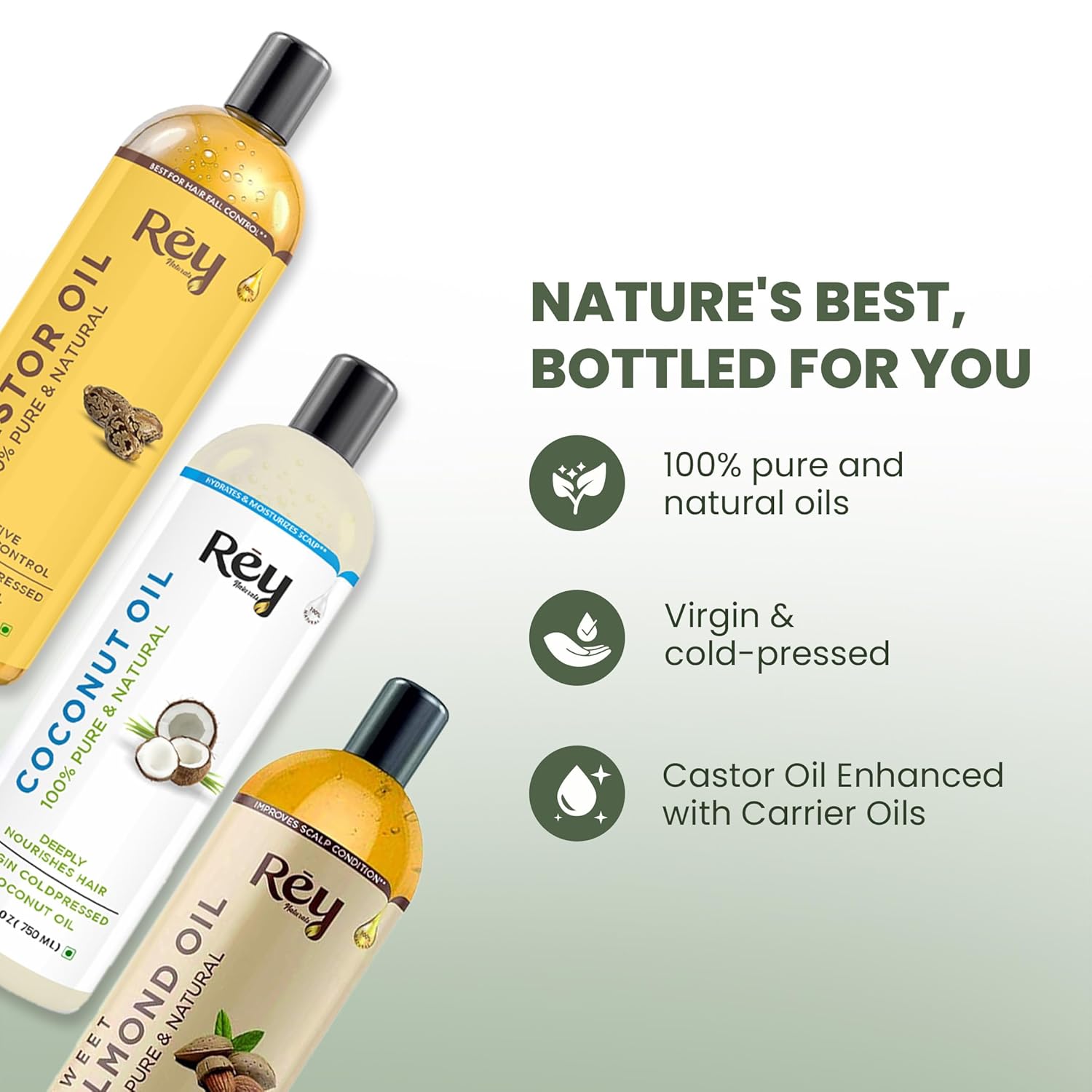 Rey Naturals Cold Pressed Castor Oil + Coconut Oil + Sweet Almond Oil (200ML + 200ML + 200ML)