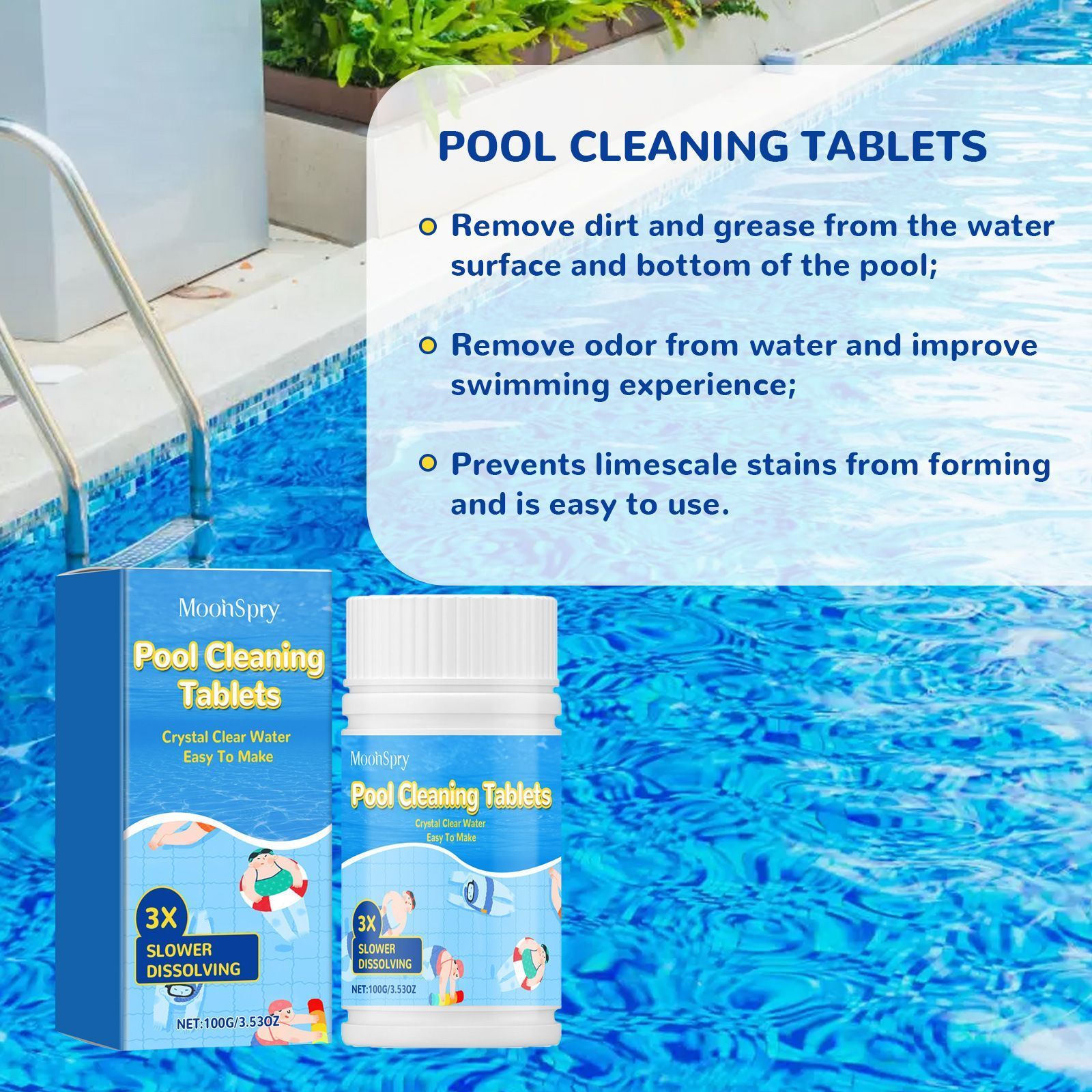 MoonSpry Pool Cleaning Tablets 100g, Water Clarifier