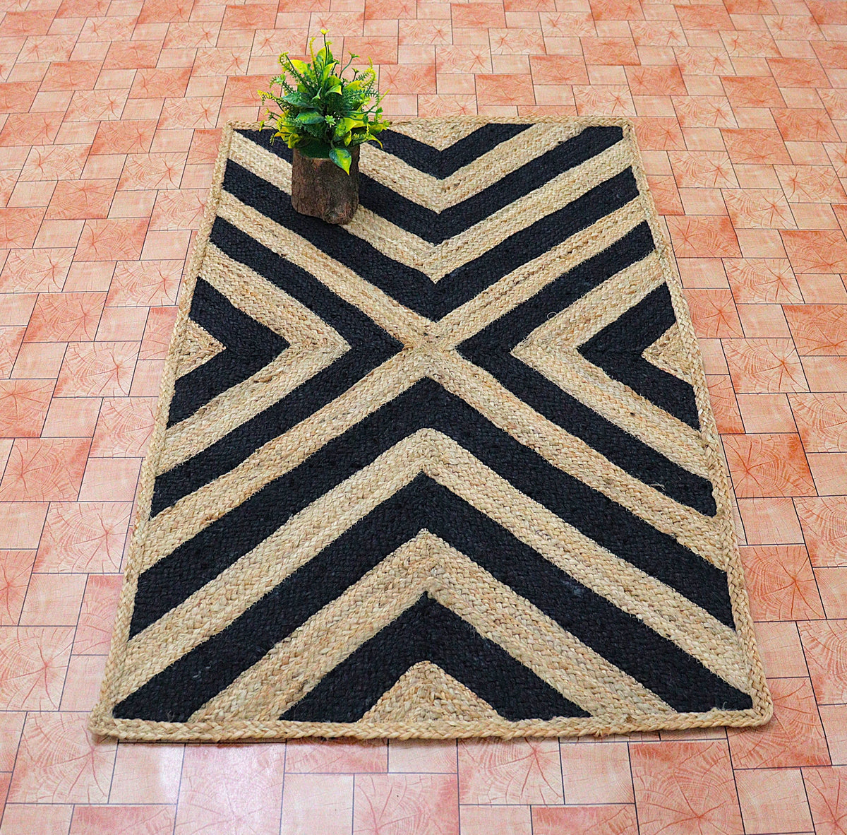 Geometric Chevron Jute Rug Black & Natural | Handwoven Rectangular Modern Carpet