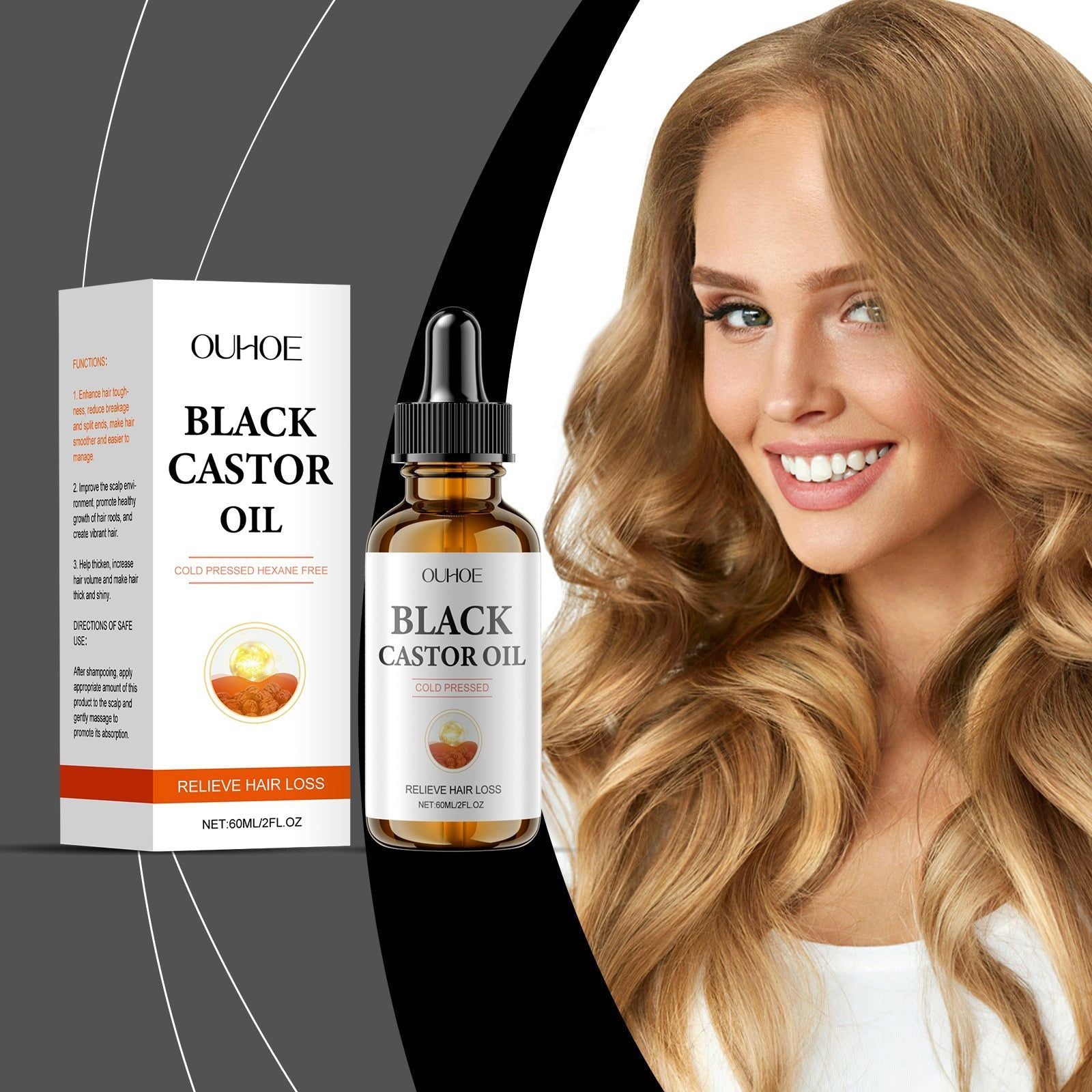 Black Castor Hair Care Oil for Nourishing Scalp, Strengthening Hair, Moisturizing, Hair Growth, Natural Hair Care ,60ml