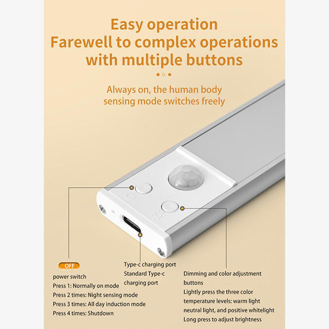 60/80/100CM Ultra Thin Nightlight Lamp - PIR Motion Sensor LED Cabinet Lighting, USB Rechargeable for Kitchen & Cabinets