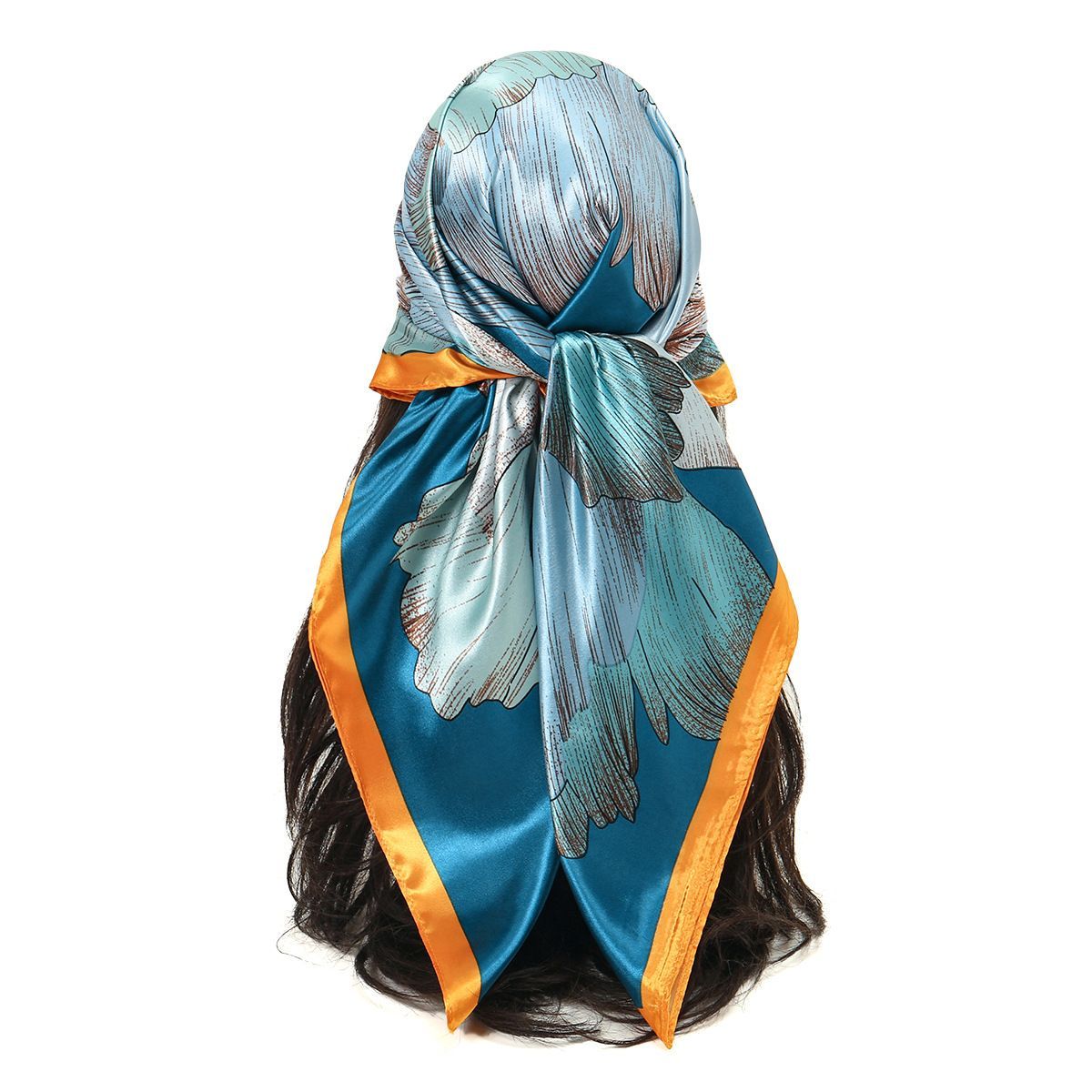 Green Printed Satin Silk Square Scarf for Women 90cm