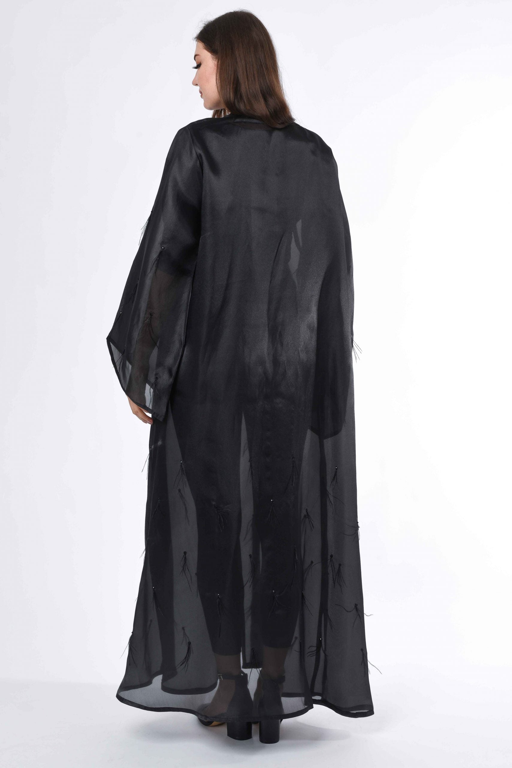 MOiSTREET Black see through Abaya with Feather Detail