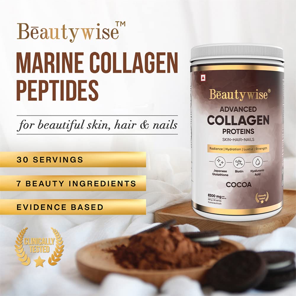 Beautywise Advanced Marine Collagen Proteins Powder With Hyaluronic Acid, Glutathione & Biotin (Cocoa) 250G