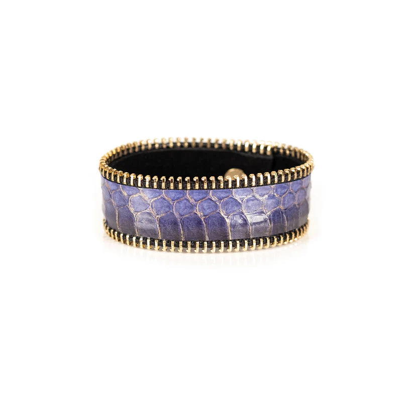 The Dark Purple Python Leather Cuff with Gold Zipper Edges