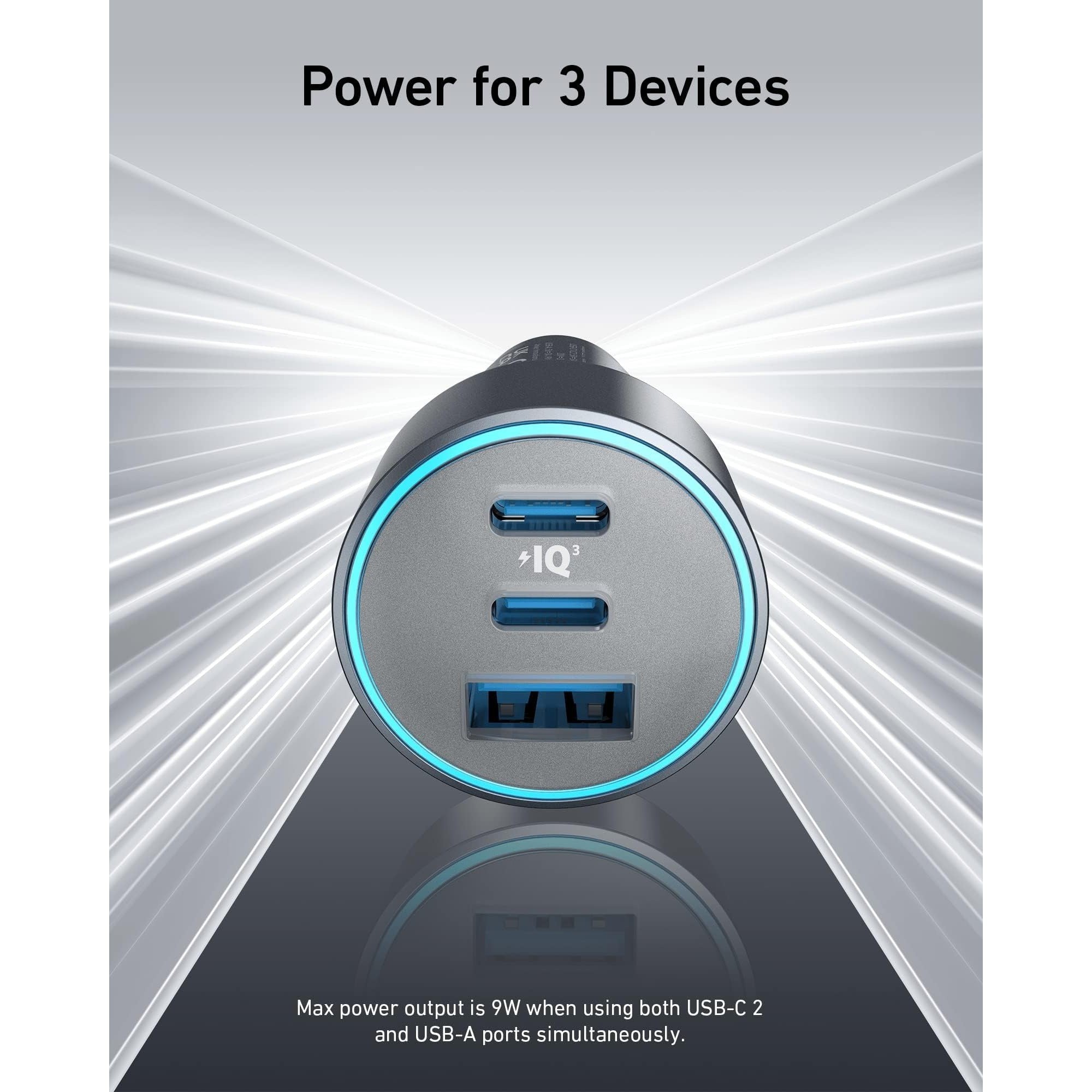 Anker 535 PowerDrive 67W 2 USB-C And 1 USB-A Ports Car Charger, Silver