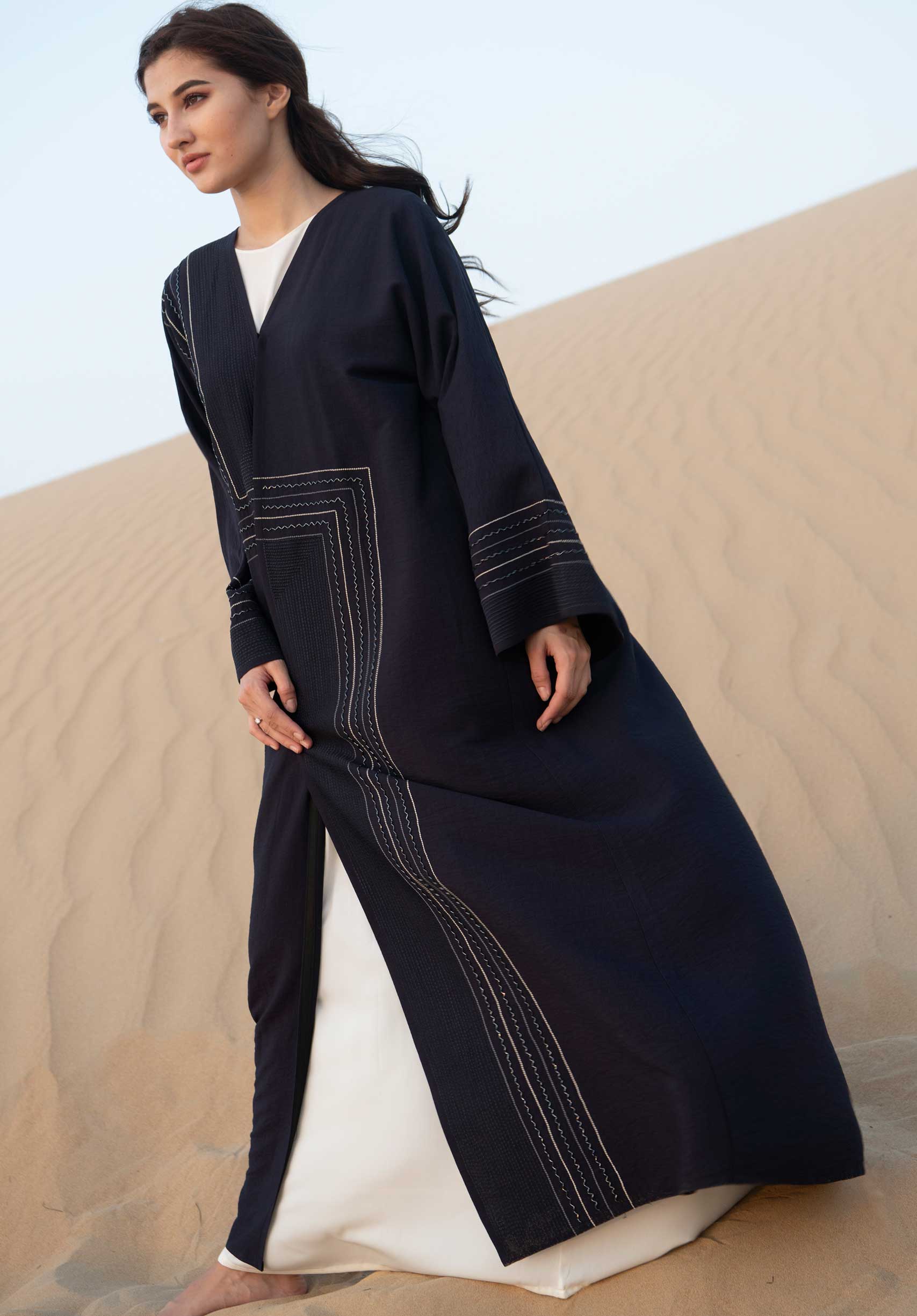 MOiSTREET Blue Abaya With Hand Embroidery