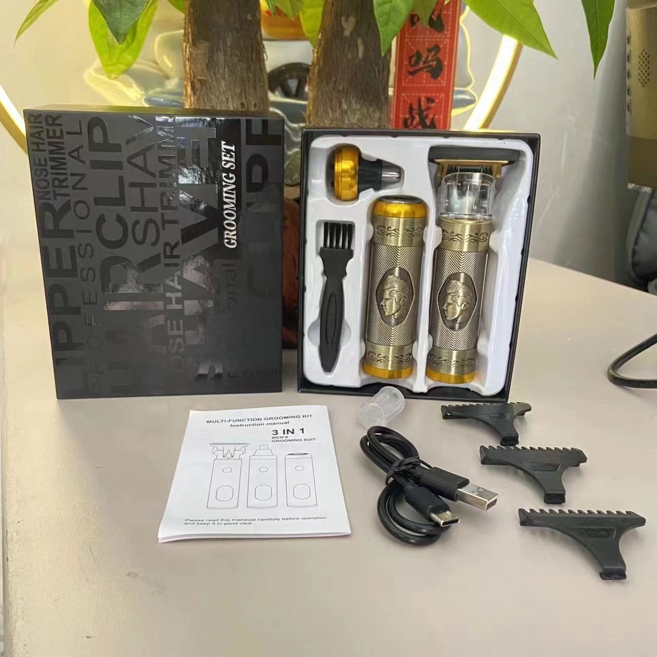 3-in-1 Gold Electric Hair Clipper Titanium Alloy Grooming Kit for Men