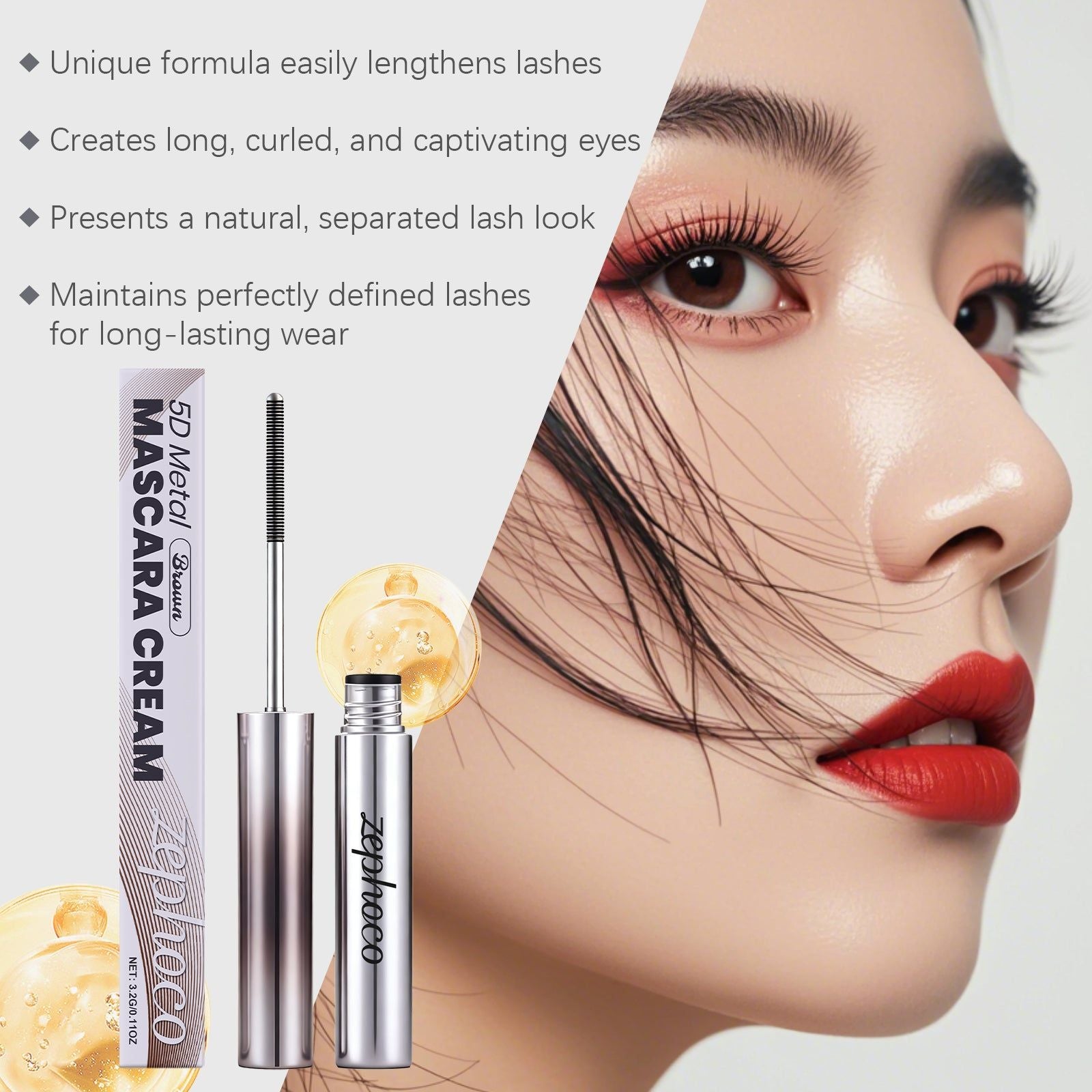 Brown Mascara, Light, Smudge-Proof, Natural Eye Makeup, Voluminous Lashes ,3.2g
