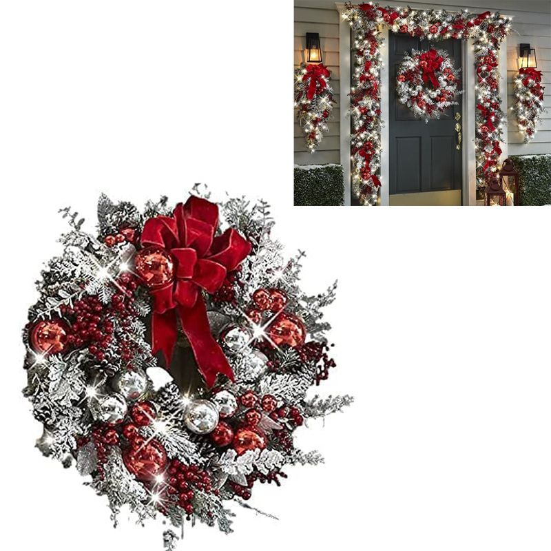 Front Door Christmas Wreath Red White Holiday Trim Exterior Outdoor Home Decoration