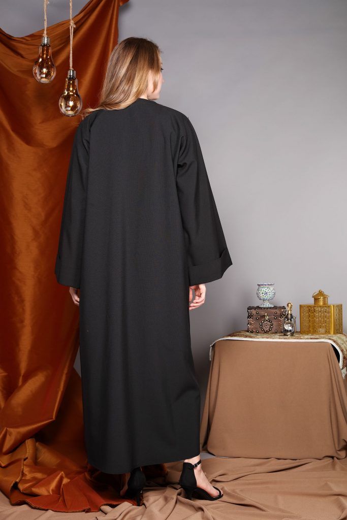 MOiSTREET Black Wrap Around Abaya with Hand Embroidery and Button Detailing