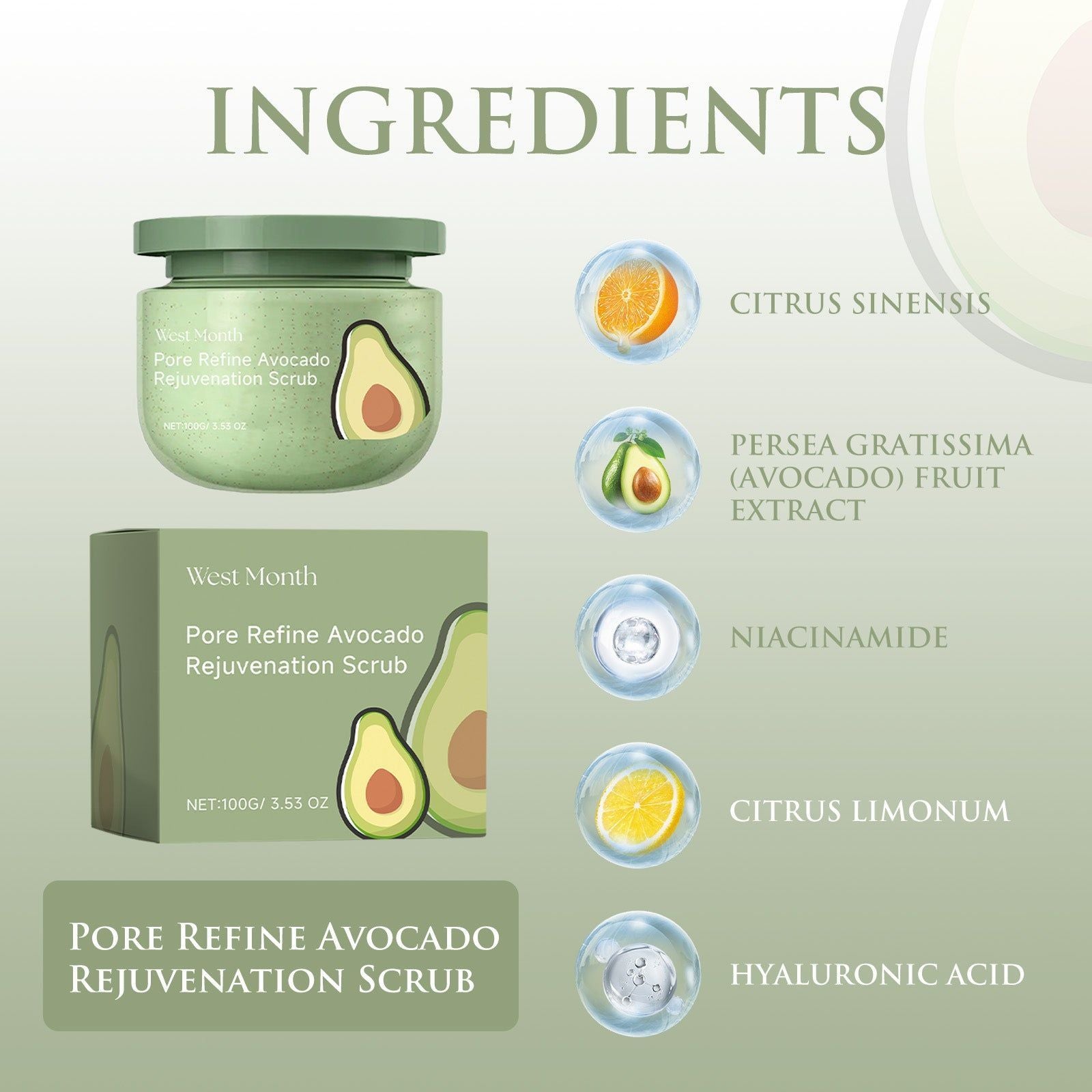 Avocado Ice Cream Scrub Cream, Hydrating, Exfoliating, Moisturizing, Skin Brightening ,100g