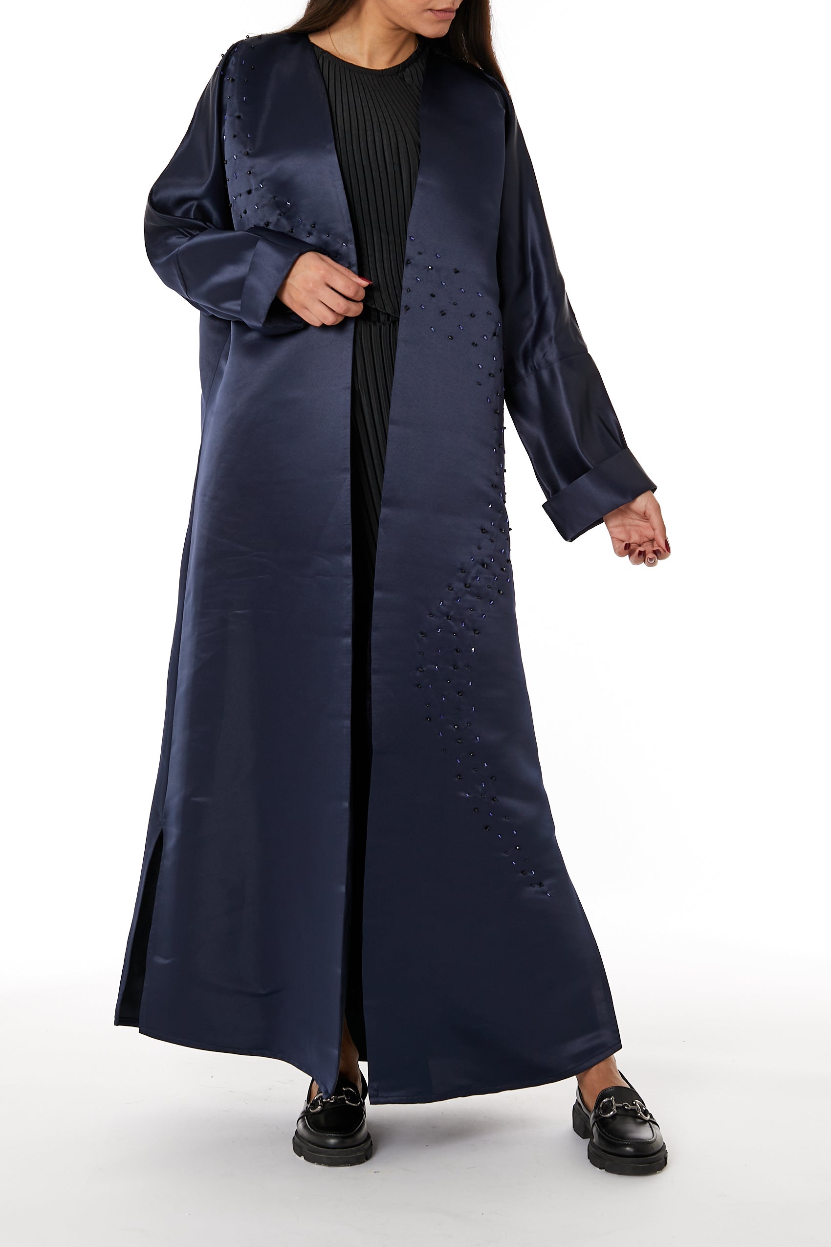 MOiSTREET Navy Bridal Satin Embellished Open Abaya