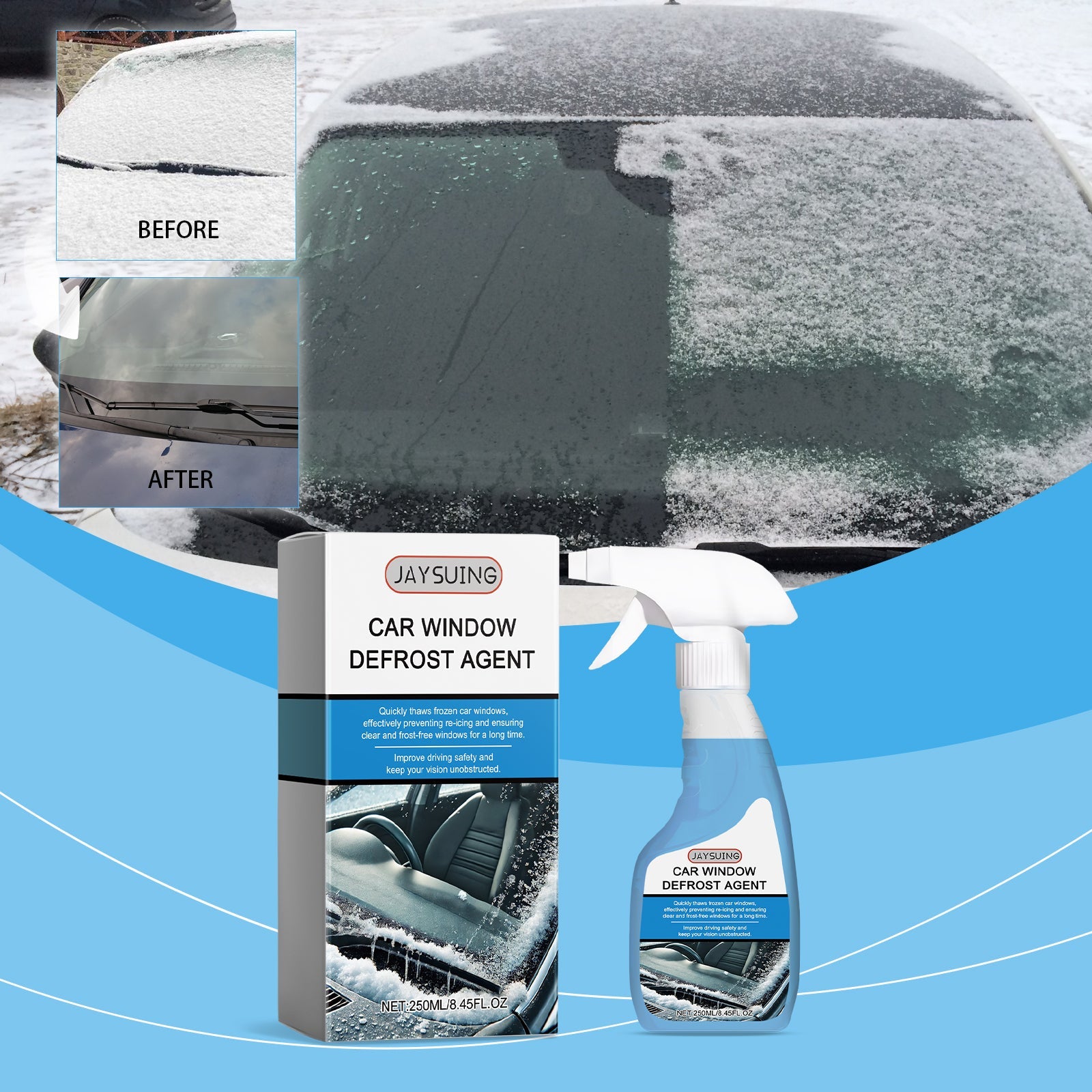 Car Window Defrost Cleaner, Fast Frost Removal, Clear Vision, Ice Melt Solution ,250ml