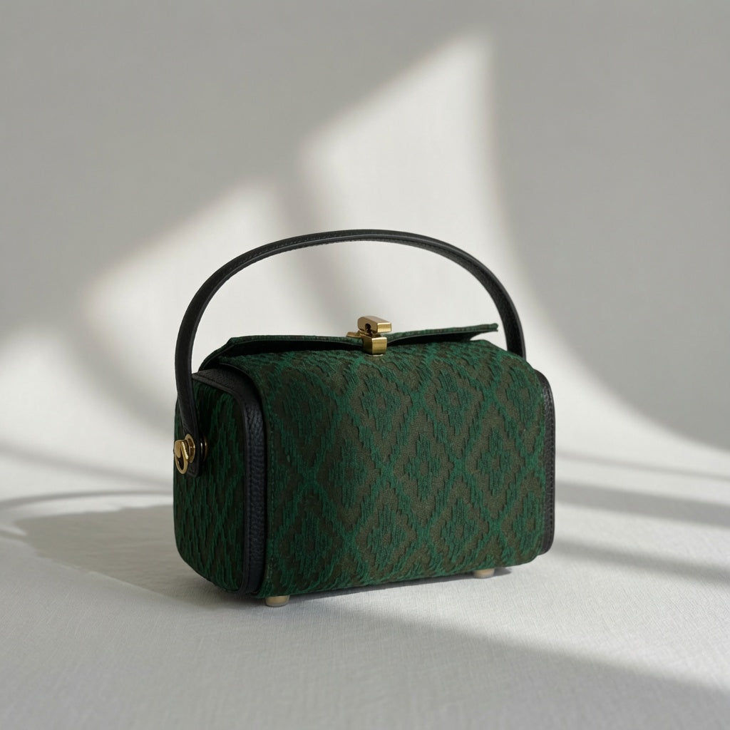 Jamila Designer Emerald Ikat Heritage Barrel Bag, Green