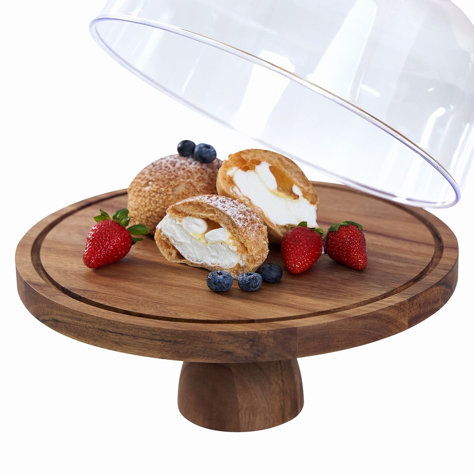 Cake Stand with Acrylic Lid Solid Wood Fruit Snack Tray Wooden High Foot Cake Plate