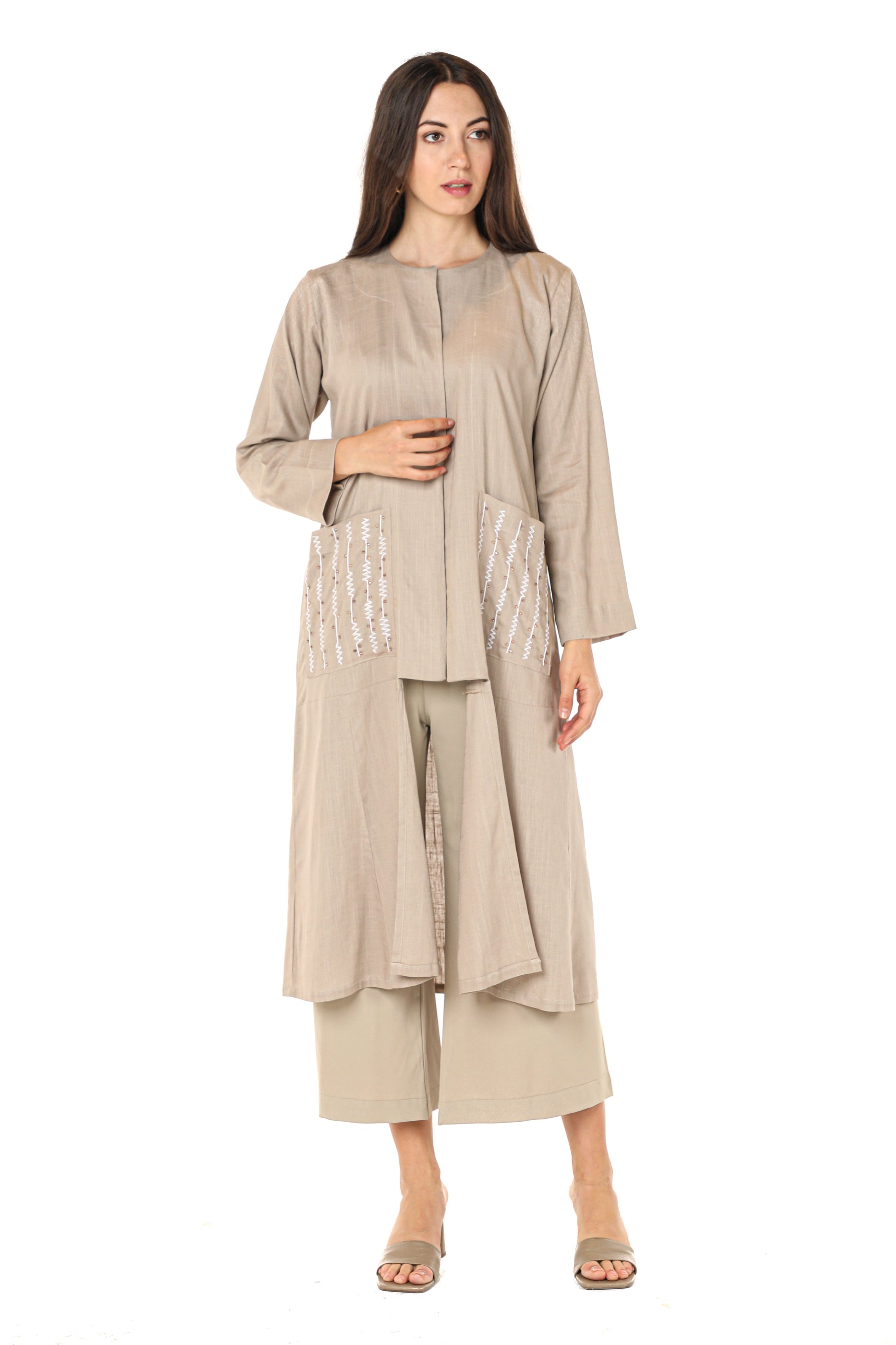 MOiSTREET Beige Embroidered Jacket and Pants with Crepe Top