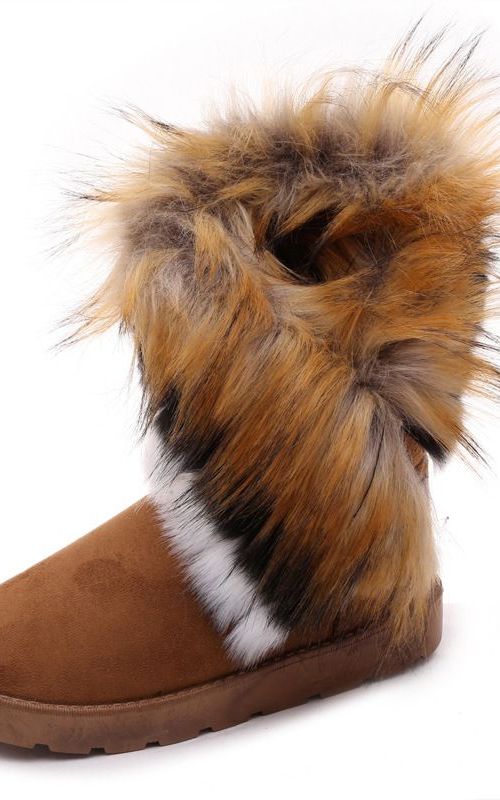 Winter Snow Boots Women Ankle Slip On Boots Faux Fox Rabbit Fur Suede Flat Shoes