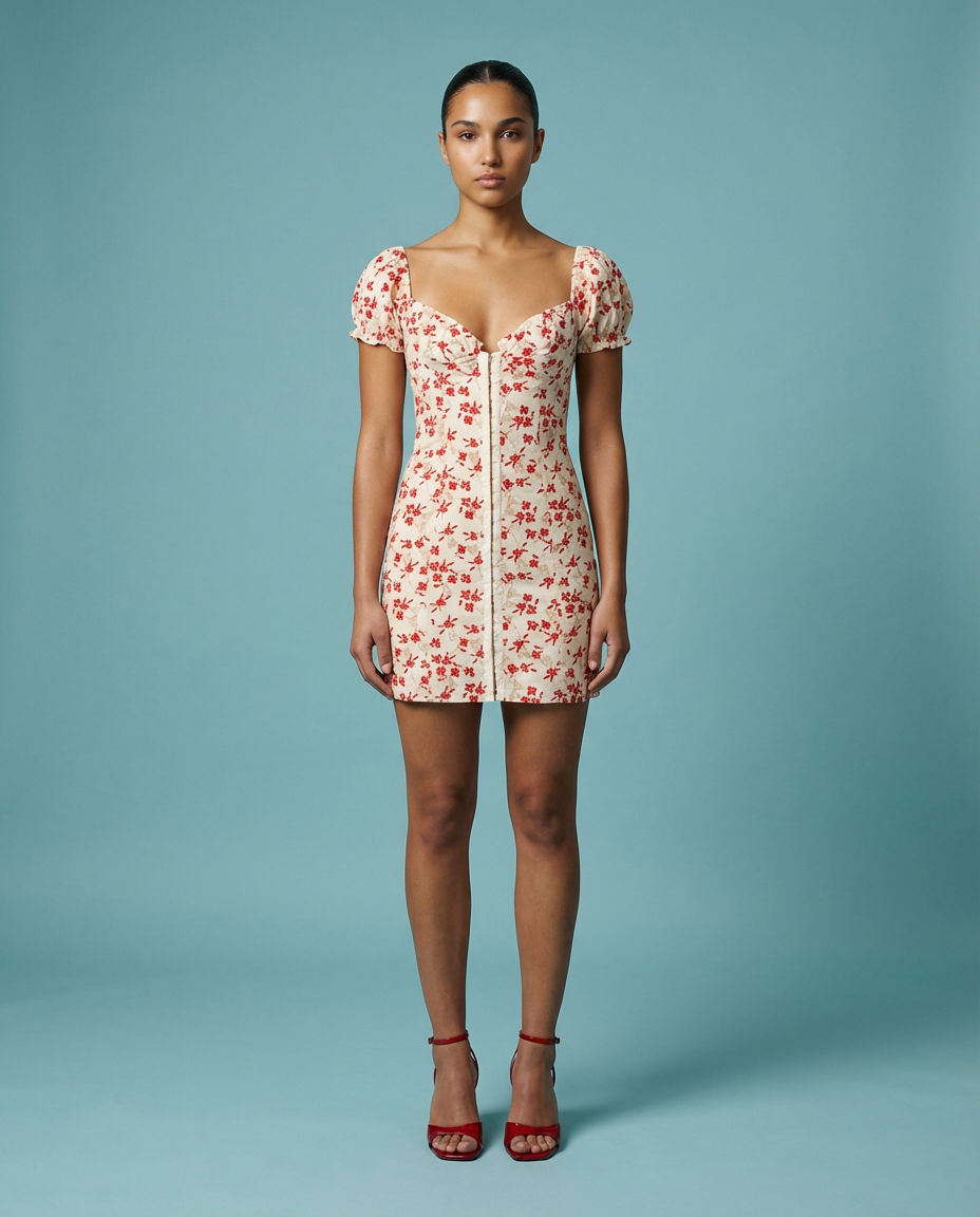 Urban Outfitters Urban Outfitters Cherry Print Puff Sleeve Front-Zip Mini Dress