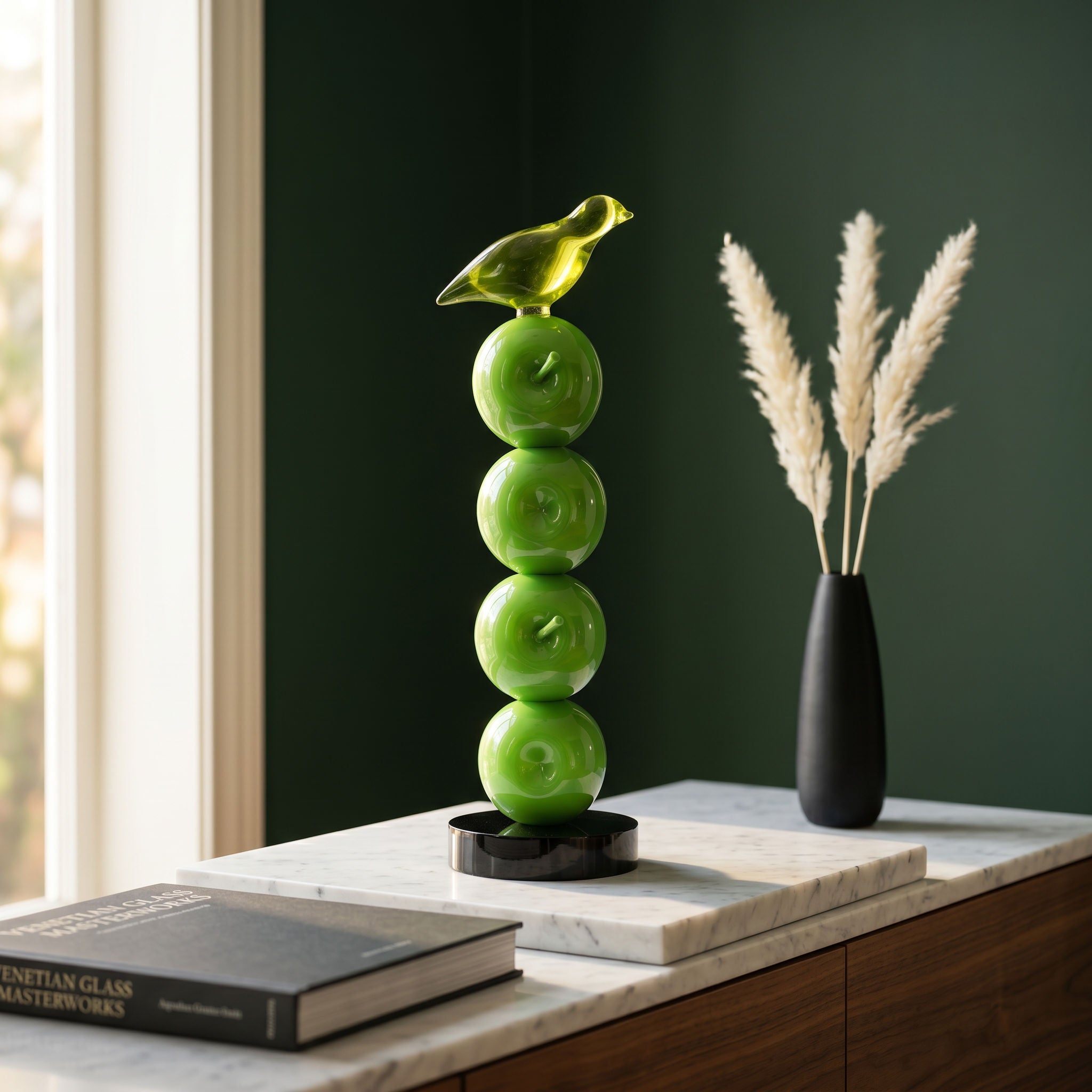 Tati deco Green glass bird stack small