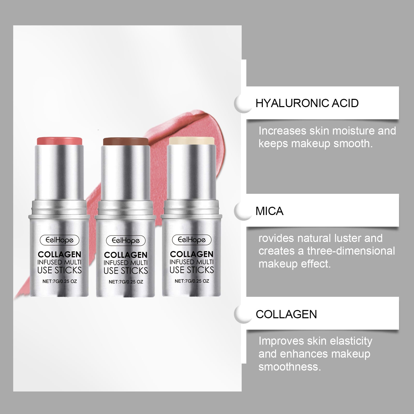 Collagen Makeup Stick, Hydrating Natural Blush, Multi-Color Lip & Cheek Stick ,7g