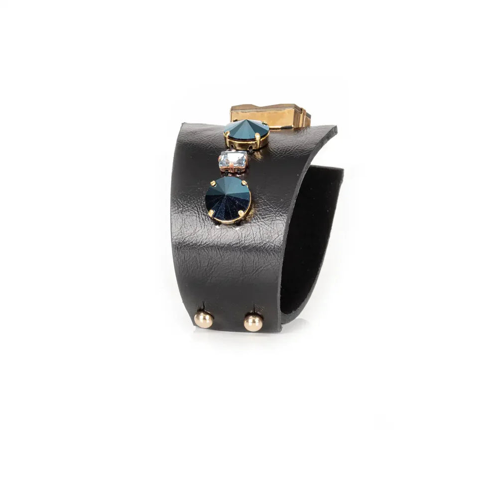 The Dark Midnight Steel Crystal Leather Cuff