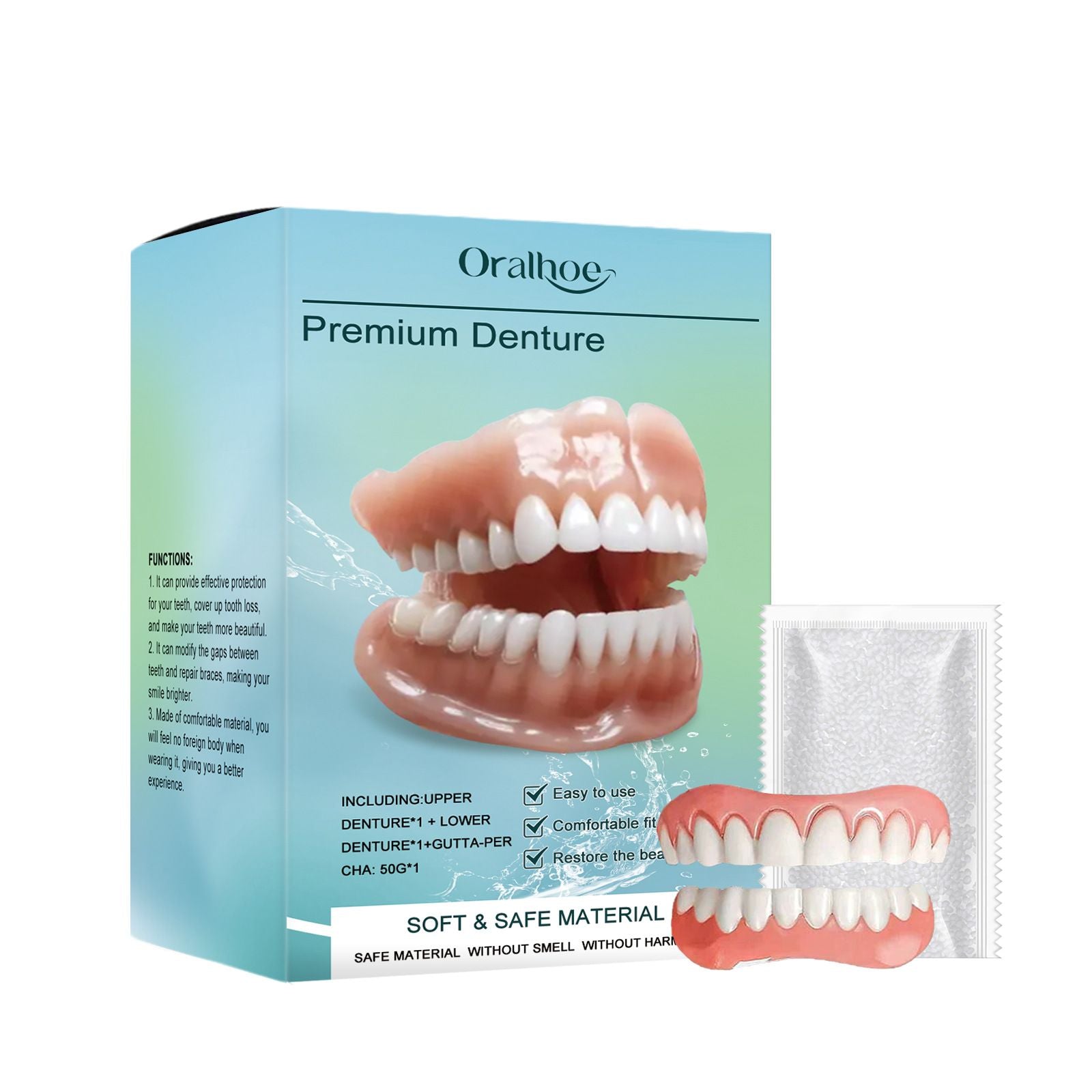 Oralhoe Premium Cosmetic Denture Set, Temporary Veneers for Smile Makeover, Upper & Lower Fake Teeth with Moldable Adhesive