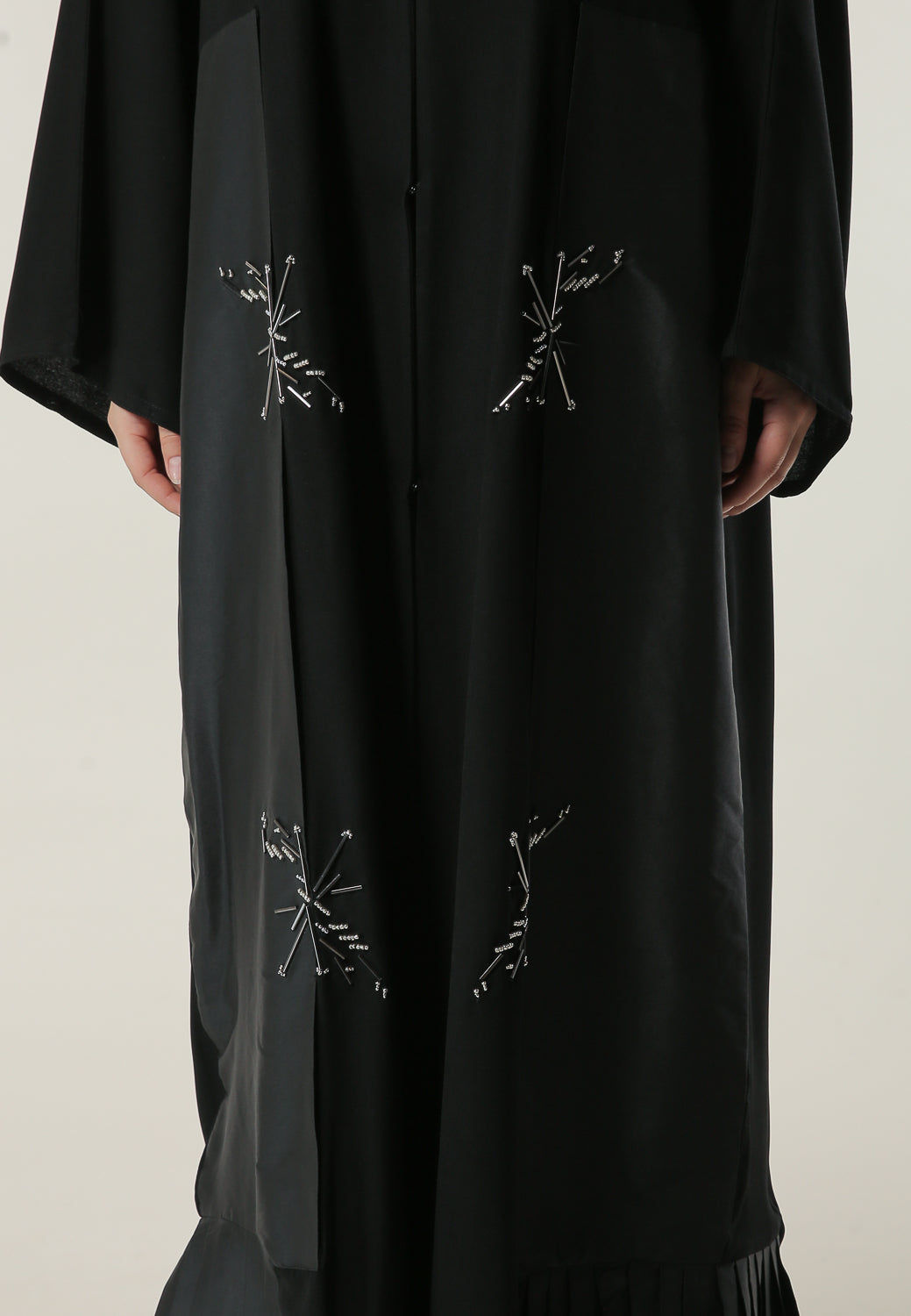 MOiSTREET Black Abaya with handwork and  Pleated Tafta Hem