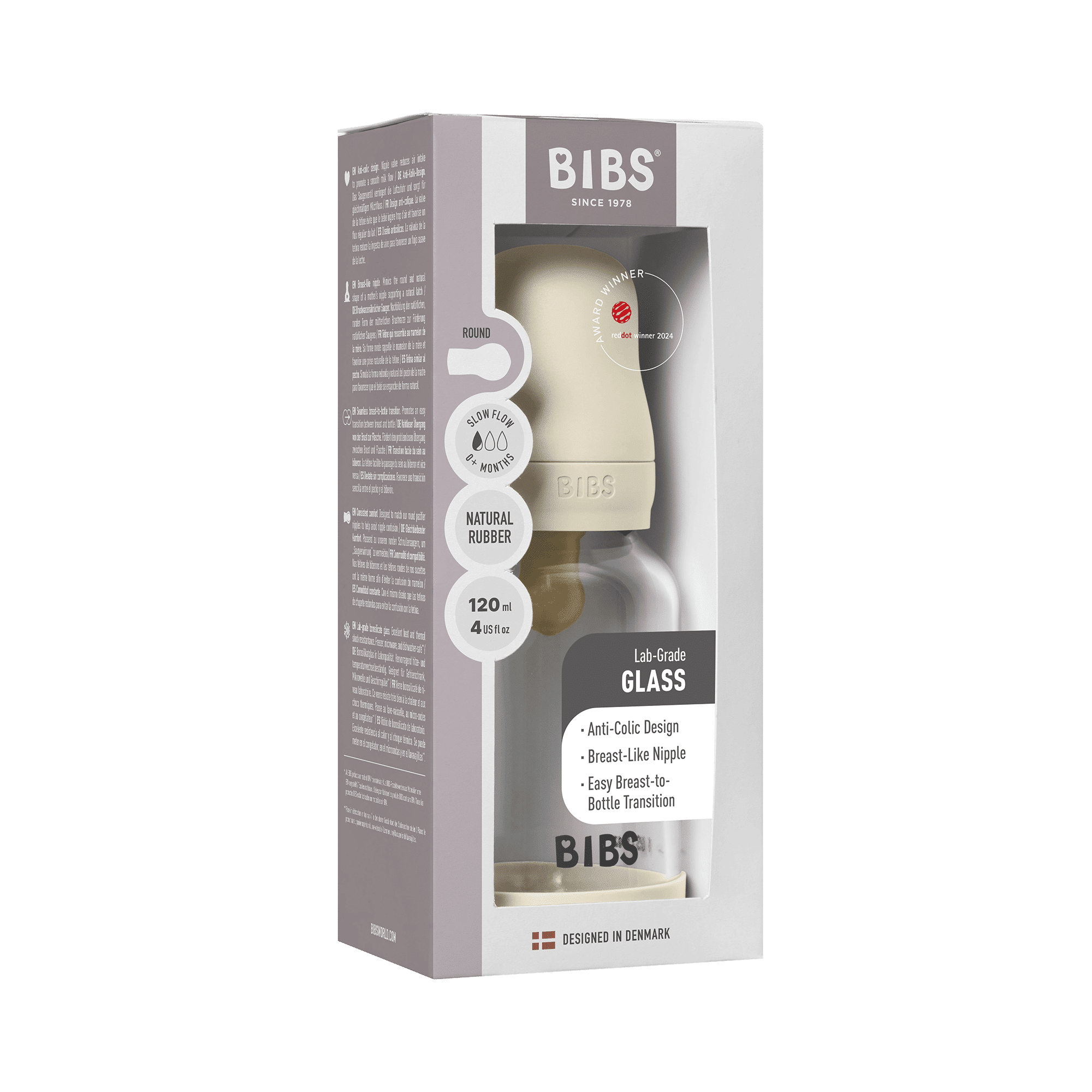 BIBS Glass Baby Bottle with Round Latex Nipple – 120 ml Slow Flow | Ivory