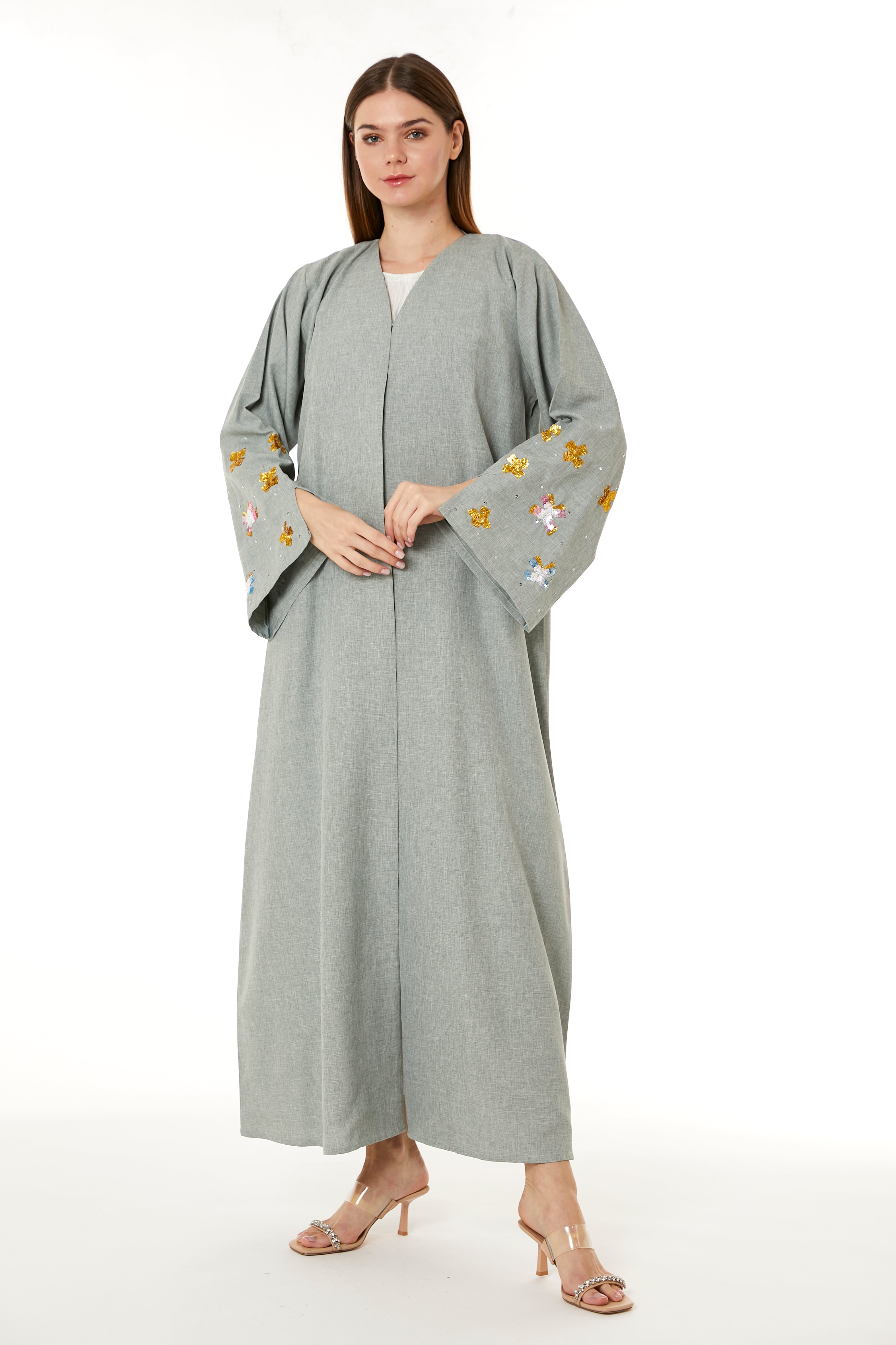 MOiSTREET Grey Melange Embroidered Abaya