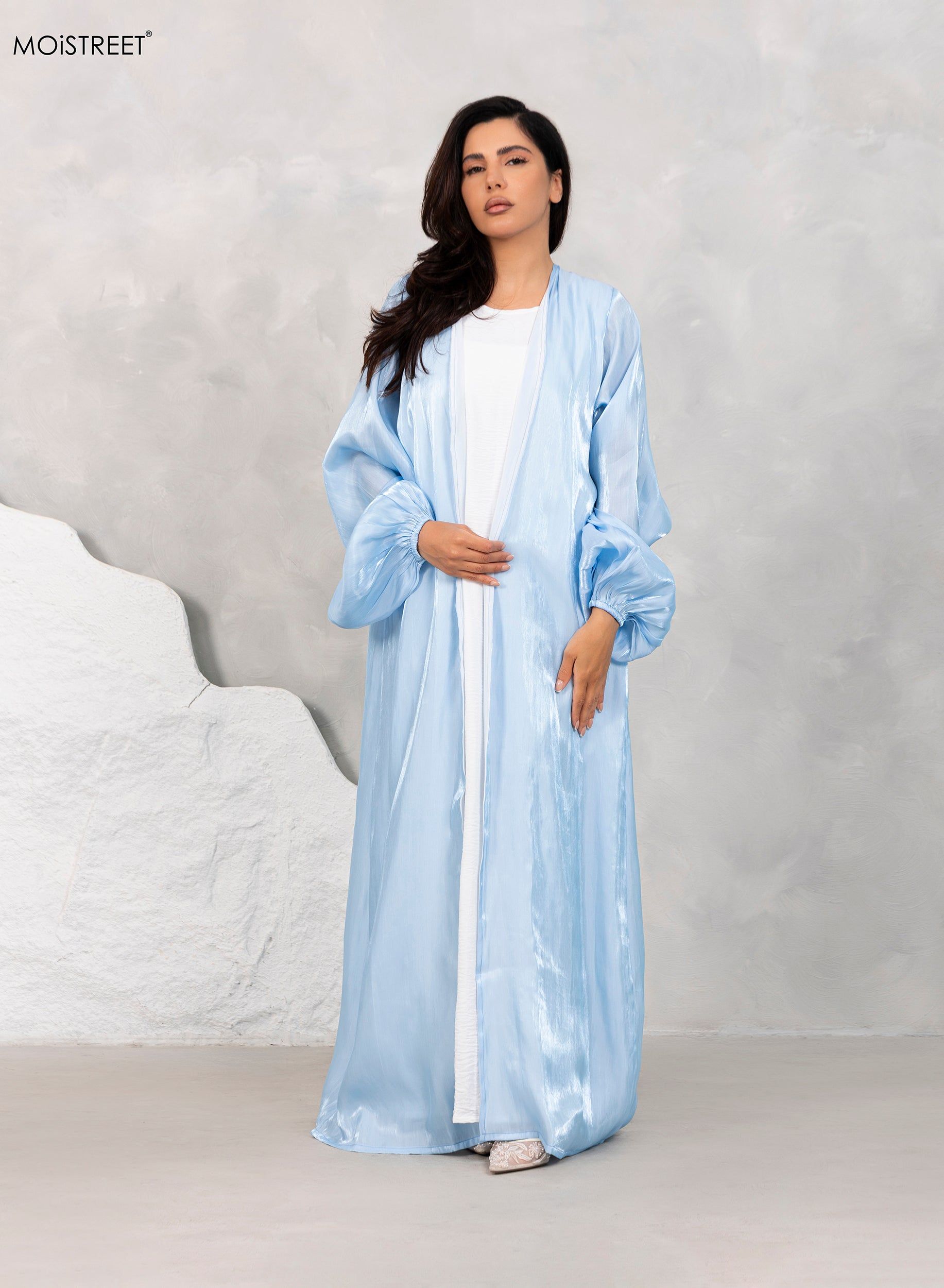 MOiSTREET Baby Blue Abaya Set Comes with Under Dress and Sheila