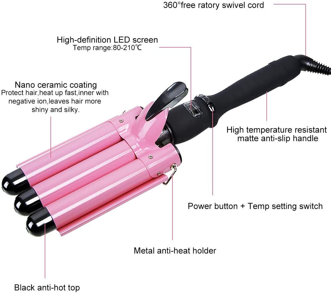 3 Barrel Hair Waver 25mm Curling Iron Wand Hair Crimper With LED Temperature Display