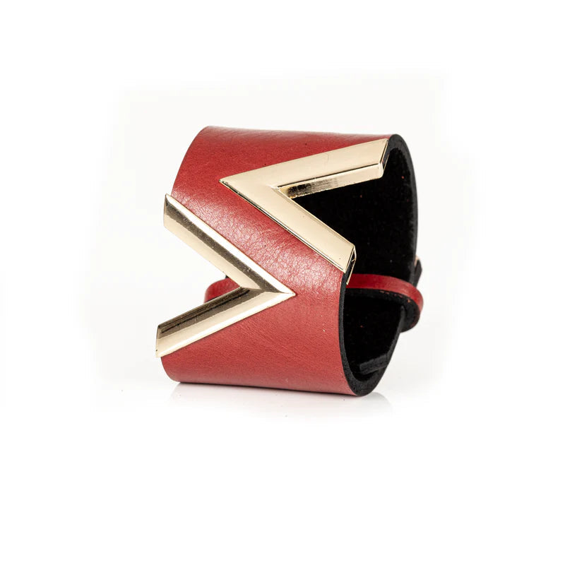 The Dark Red Leather Cuff Bracelet with Bold Gold Chevron Design