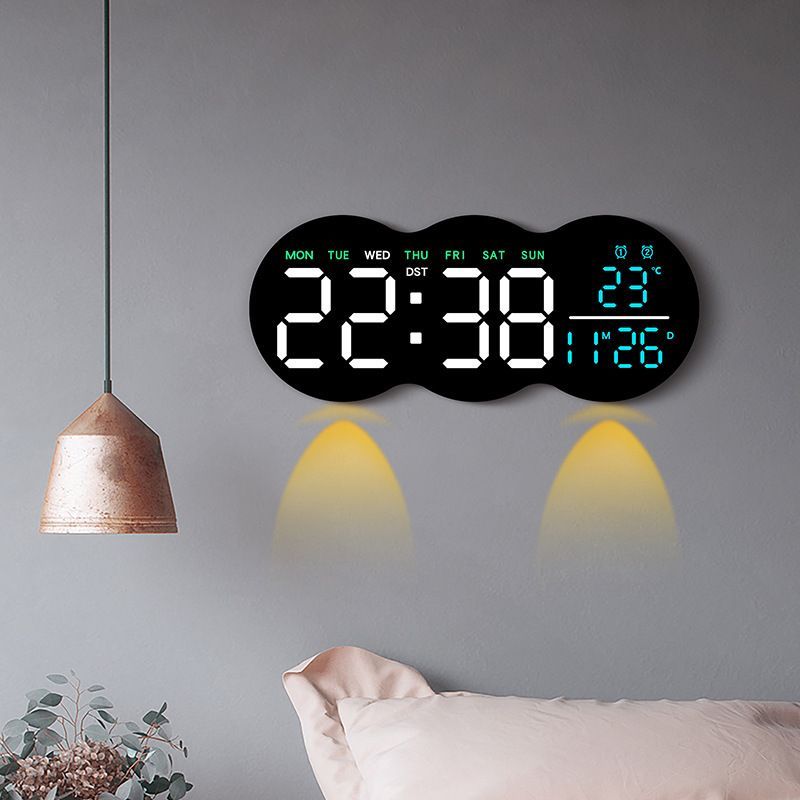 Living Room Digital LED Wall Clock Alarm Clock with Temperature Display Remote Control