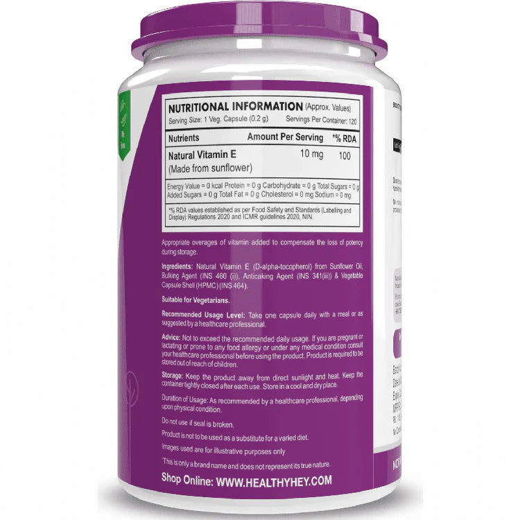 HealthyHey Vitamin E Capsules | Vitamin E for Skin & Hair | Sunflower - D-Alpha-Tocpherol -120 Veg Capsules