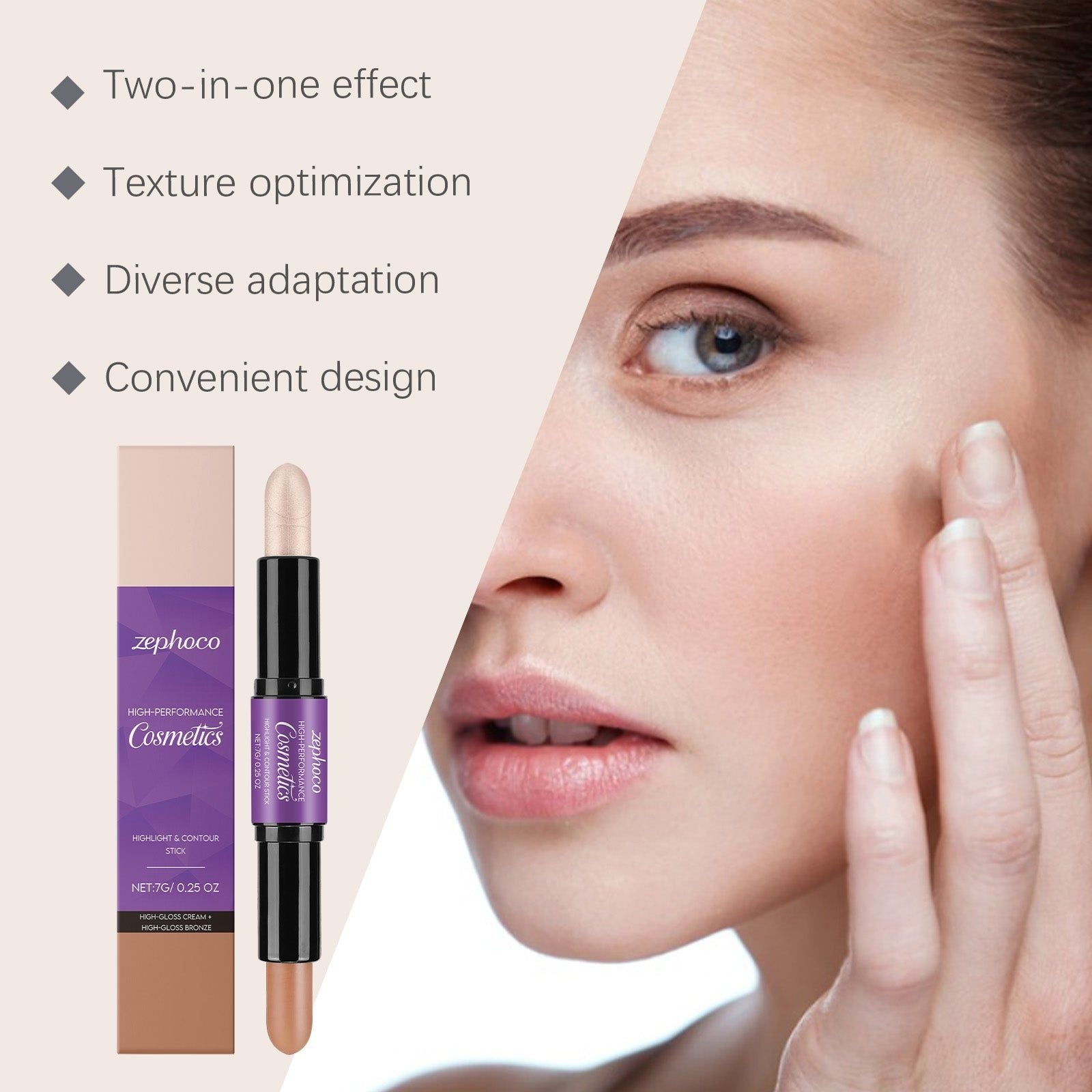 2-in-1 Makeup Highlighter Contour Stick, Natural Light Bronze, Easy Glam ,7g