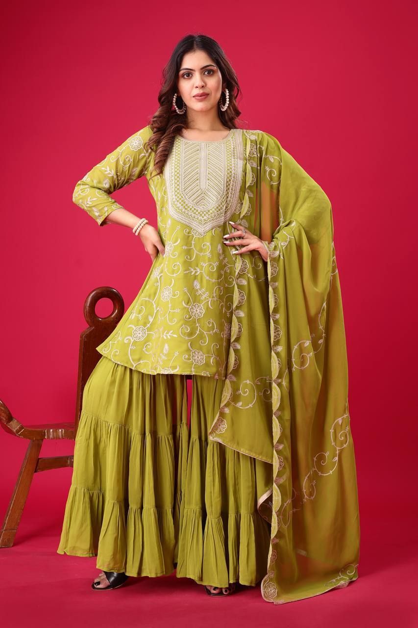 Fab Zone Designer Party Wear Look Top-Sharara And Dupatta With Heavy Embroidery Work