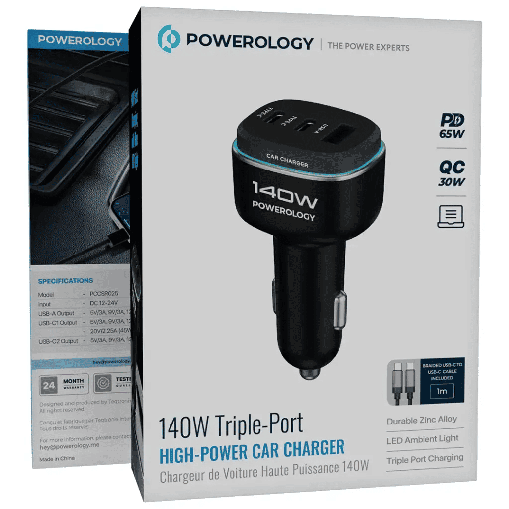 Powerology 140W Triple-Port High-Power Car Charger with Type-C Cable, Black/Grey