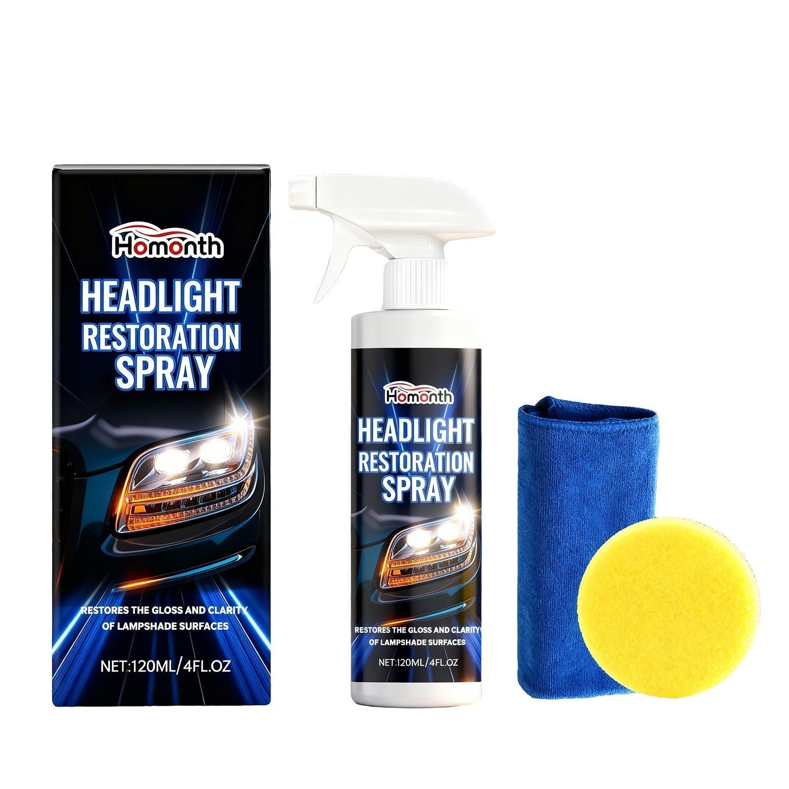 Car Headlamp Care Spray, Restores Shine, Enhances Vehicle Appearance, Long-lasting Car Care Solution ,1set