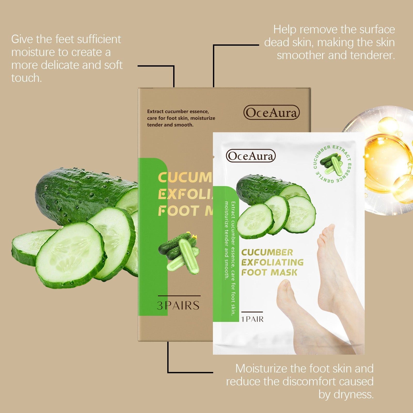 Cucumber Foot Mask, Hydrating Foot Care, Exfoliating Moisturizer, Soft Feet ,3pcs