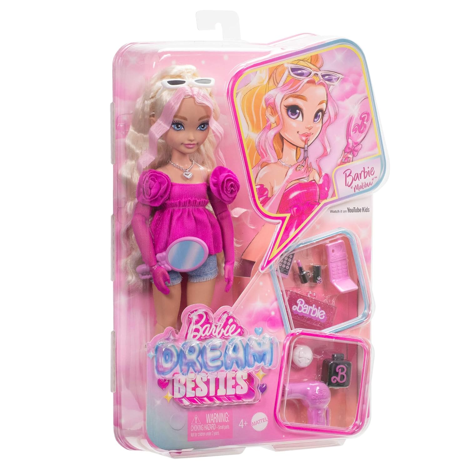 Barbie Dream Besties Malibu Fashion Doll, Blonde Hair Doll with Beauty Accessories Set, 32 cm