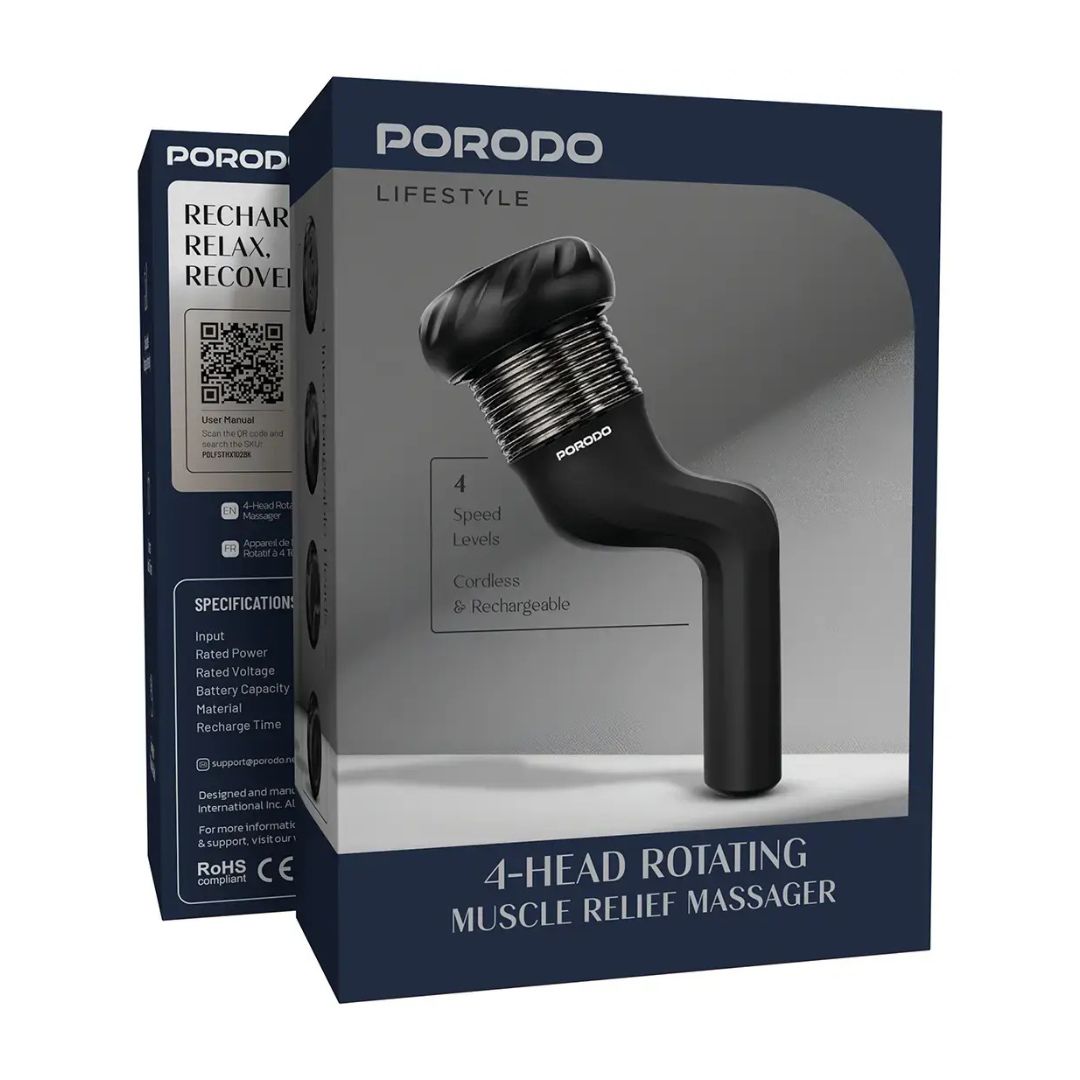 Porodo Lifestyle 4-Head Rotating Muscle Relief Massager, Black