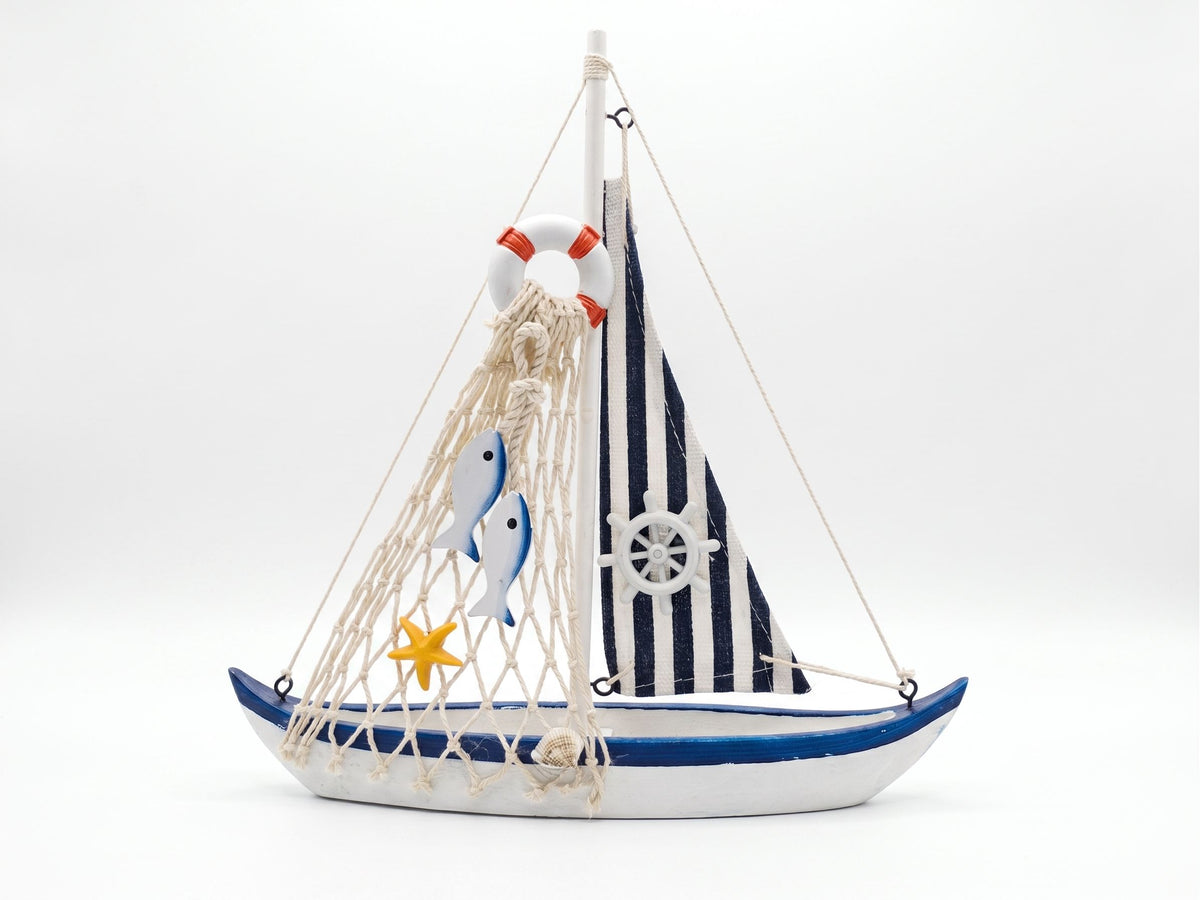 Handcrafted Wooden Model Sailboat – White & Navy Coastal Home Decor Display