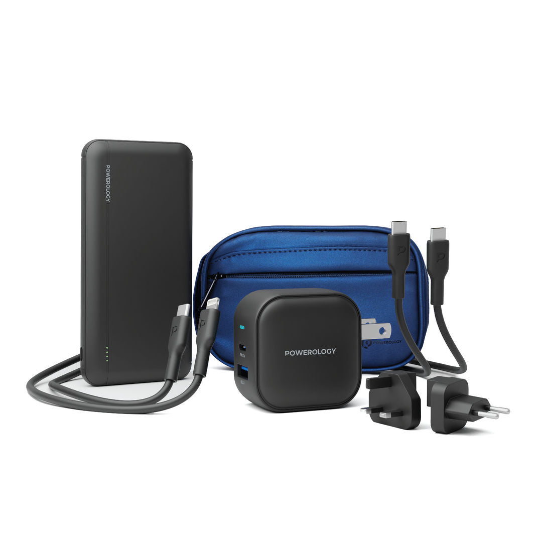 Powerology 5-in-1 Power Combo 10000mAh Power Bank with 38W Universal Charger, Fast Charging Cables & Travel Kit, Black