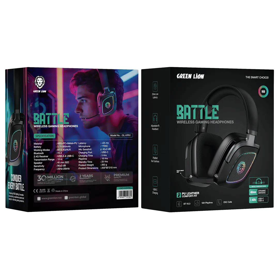 Green Lion Battle Wireless Gaming Headphones - Black