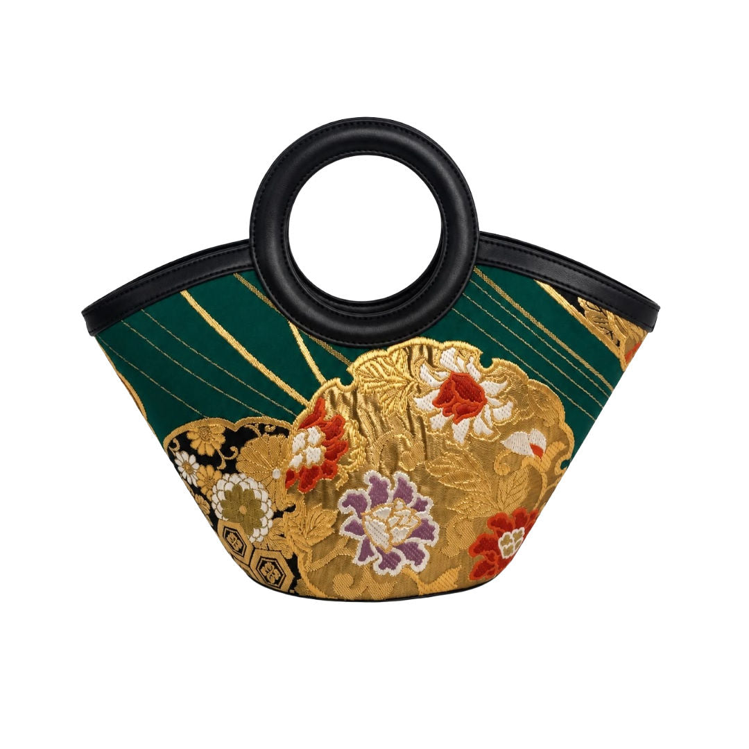 Jamila Designer Mulberry Silk Tote Bag, Japanese-Inspired Embroidery with Round Handles
