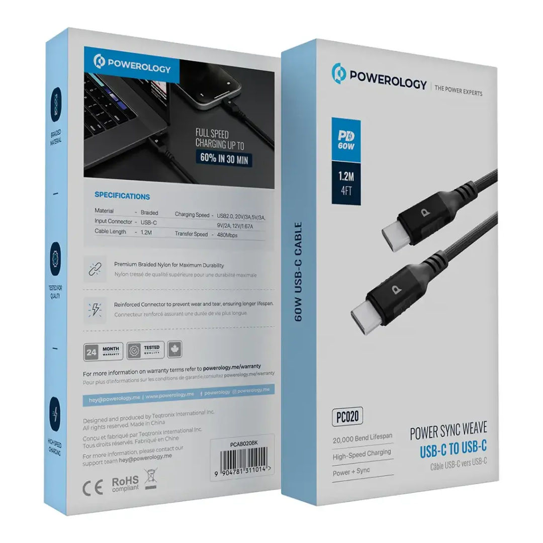 Powerology Power Sync Weave USB-C to USB-C Cable, PD 60W, 1.2M, High-Speed Charging