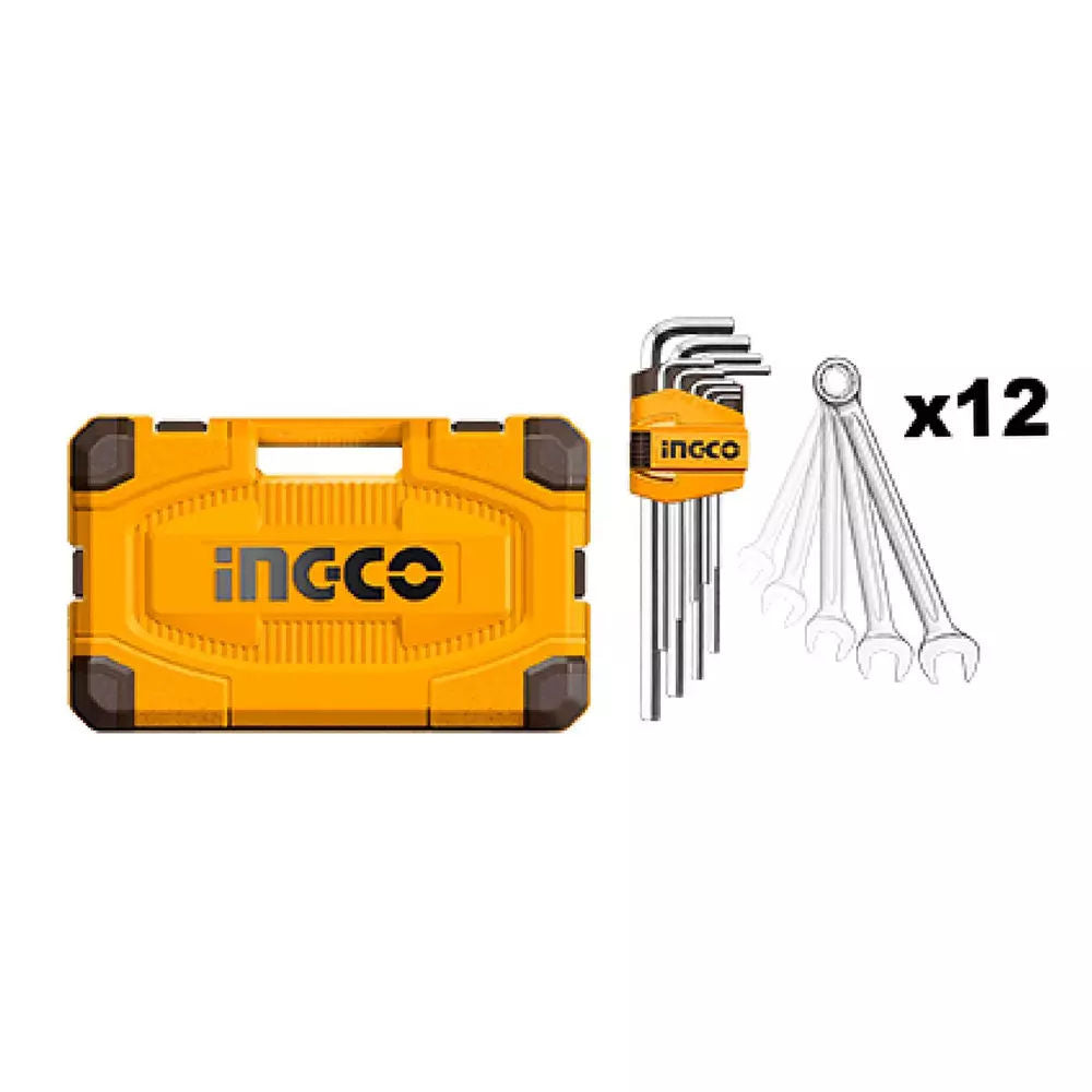 INGCO 152-Piece Cordless Impact Wrench Tool Set - 20V 1/2″ 500 Nm Wrench, 4.0Ah Battery, Charger, Comprehensive Sockets, Spanners & Bits in Carry Case